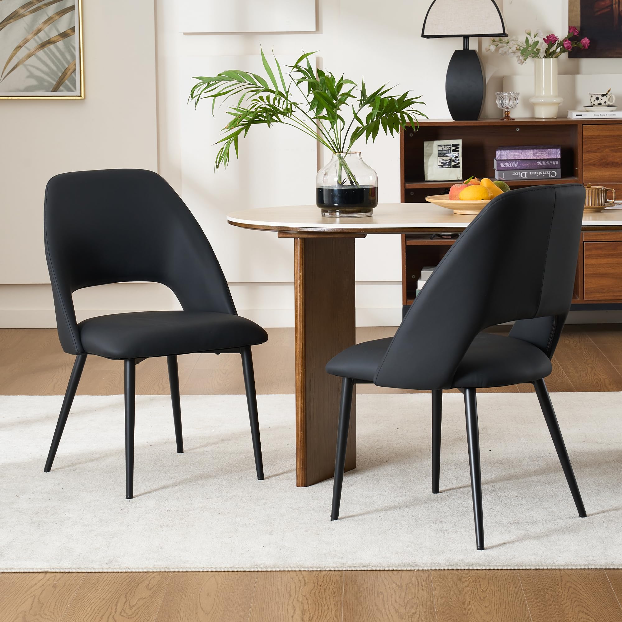 Rowill Mid Century Modern Dining Chairs Set of 2 - Black Faux Leather Upholstered Kitchen Chairs with Metal Legs for Dining Room, Living Room & Bedroom - Perfect for Small Spaces & Modern Home Decor