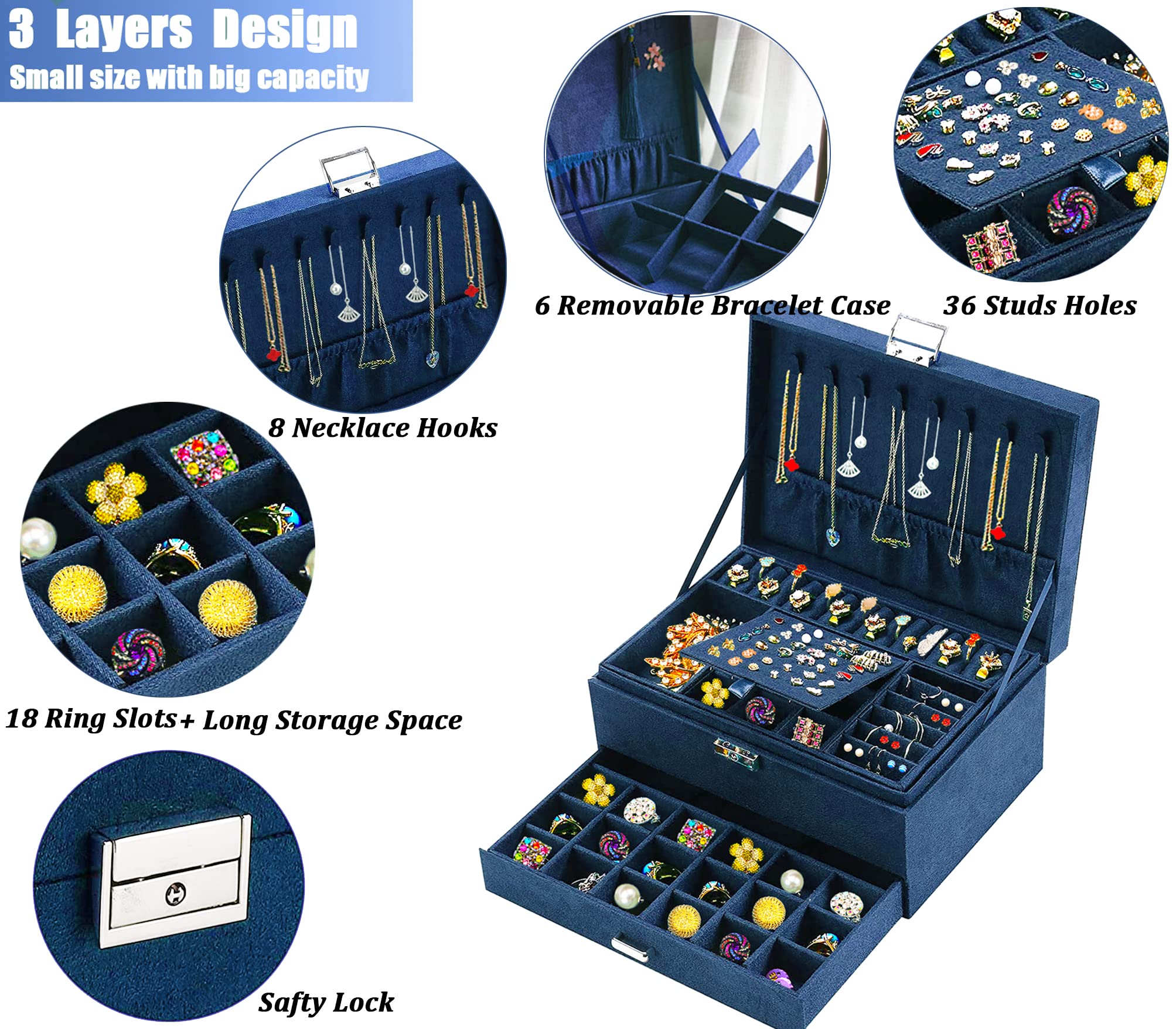 Luxury Navy Velvet Jewelry Box with Lock - Elegant Jewelry Organizer for Women & Teens - Necklace, Earring, Ring & Bracelet Storage Case - Perfect for Travel, Gifts & Home Decor