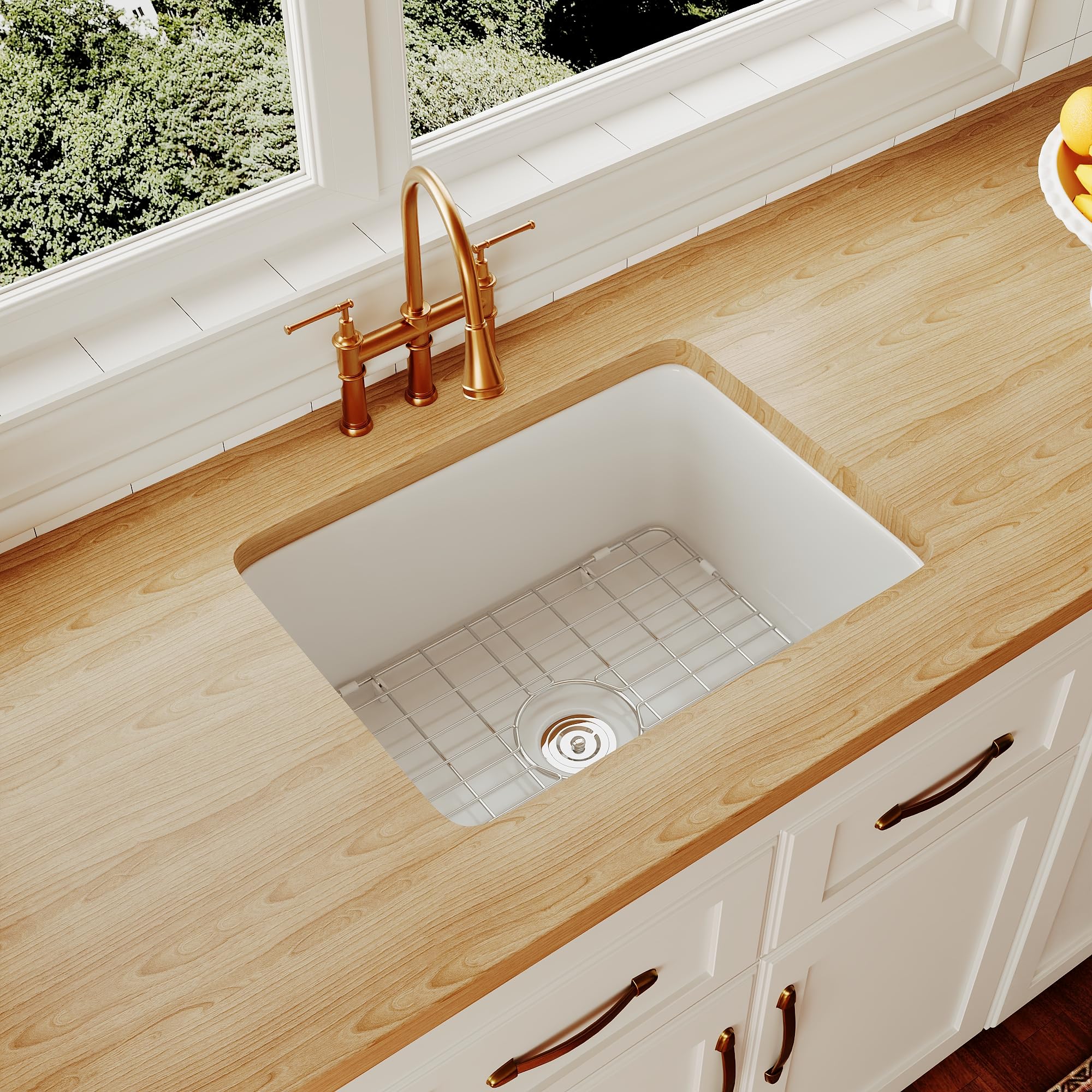 Premium White Fireclay Undermount Kitchen Sink - DeerValley Single Bowl Workstation Sink with Sink Grid & Basket Strainer (24.02