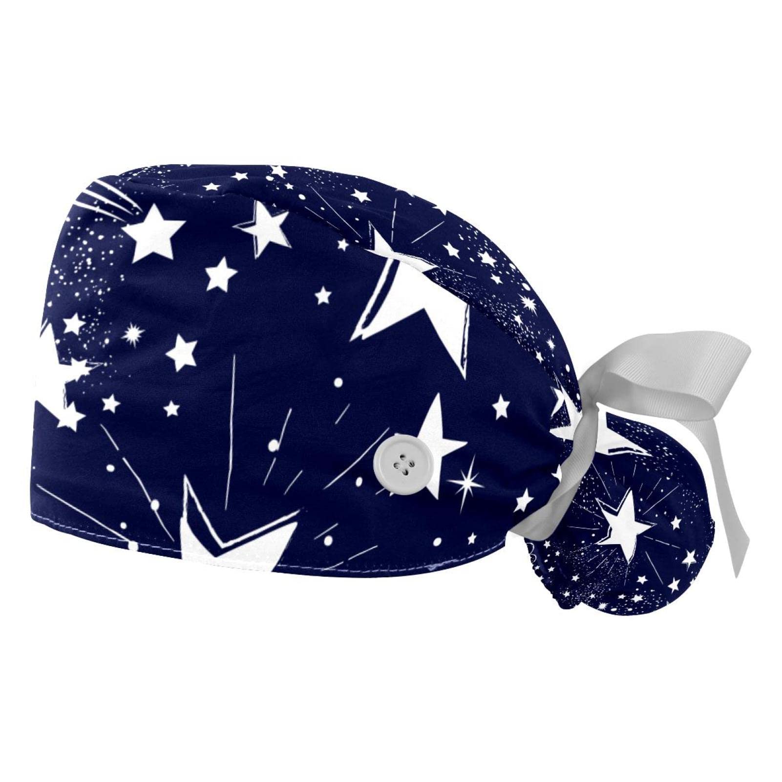 Premium Star Dark Black Scrub Hats for Women & Men - 2 Pack Tie Back Surgical Caps with Button Closure & Sweatband for Long Hair | Ideal for Nurses, Doctors & Healthcare Professionals