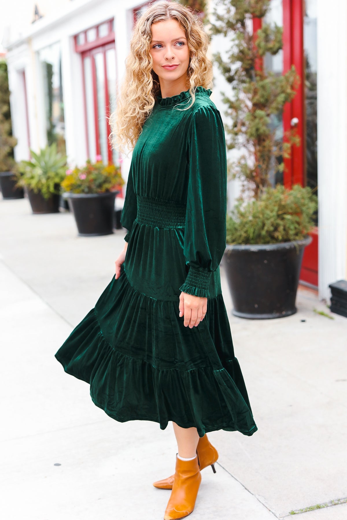 Holiday Dreaming Hunter Green Velvet Mock Neck Smocked Waist Dress for Women - Elegant Holiday Party & Christmas Dinner Outfit