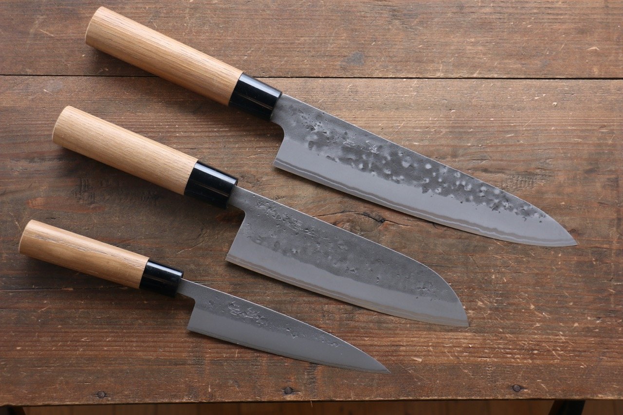 Premium Seisuke Blue Steel No.2 Nashiji Japanese Chef Knives Set - Gyuto, Santoku & Petty Knives for Professional Cooking & Home Kitchen Use