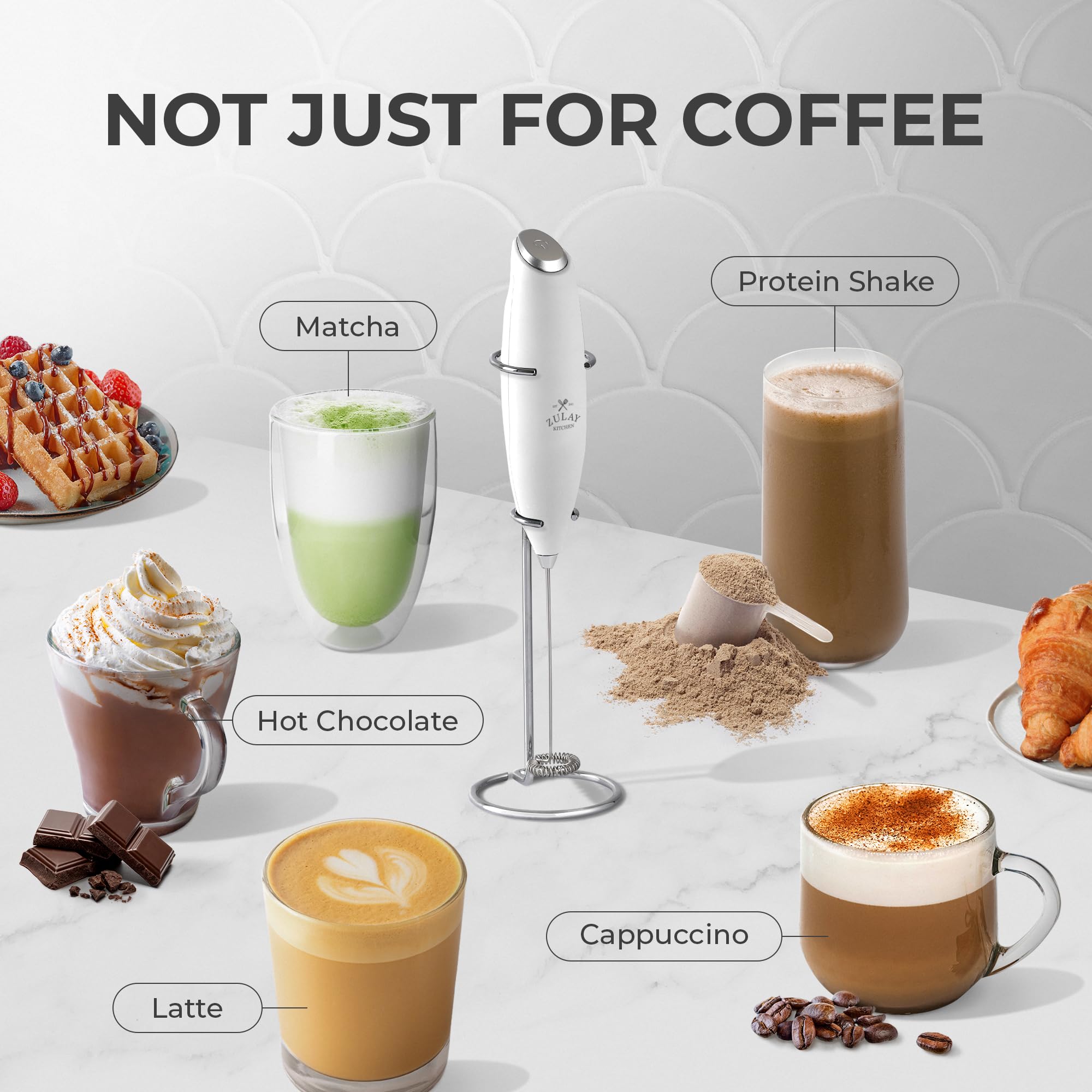 Zulay Powerful Milk Frother Handheld Electric Whisk - Includes 4 Duracell Batteries - Coffee Drink Mixer for Cappuccino, Latte, Frappe, Matcha & Hot Chocolate - Perfect for Home, Office & Coffee Shops - White