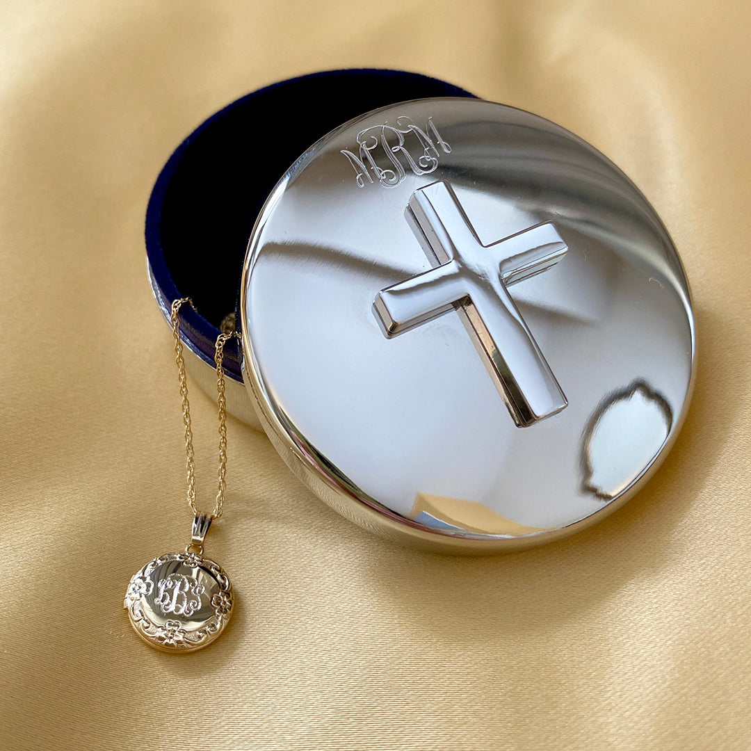 Small Round Cross Keepsake Box - Elegant Jewelry Storage & Religious Gift for Baptism, Wedding, Confirmation - Perfect for Home Decor & Church Use