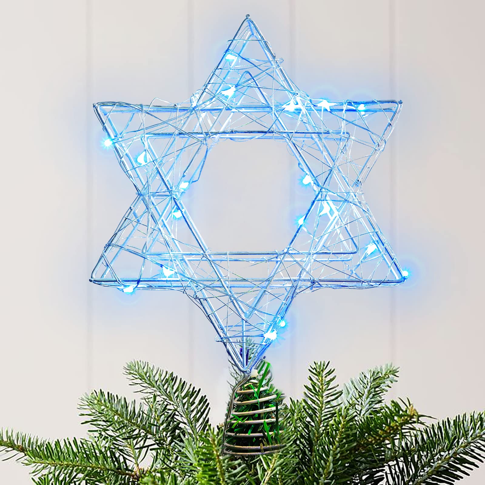 7-Inch Star of David Christmas Tree Topper - Hexagram Metal Ornament with 20 Blue LED Lights, Battery Powered with Timer - Perfect for Xmas Tree, Hanukkah, New Year & Holiday Decorations - Ideal Gift for Jewish Families & Festive Home Decor