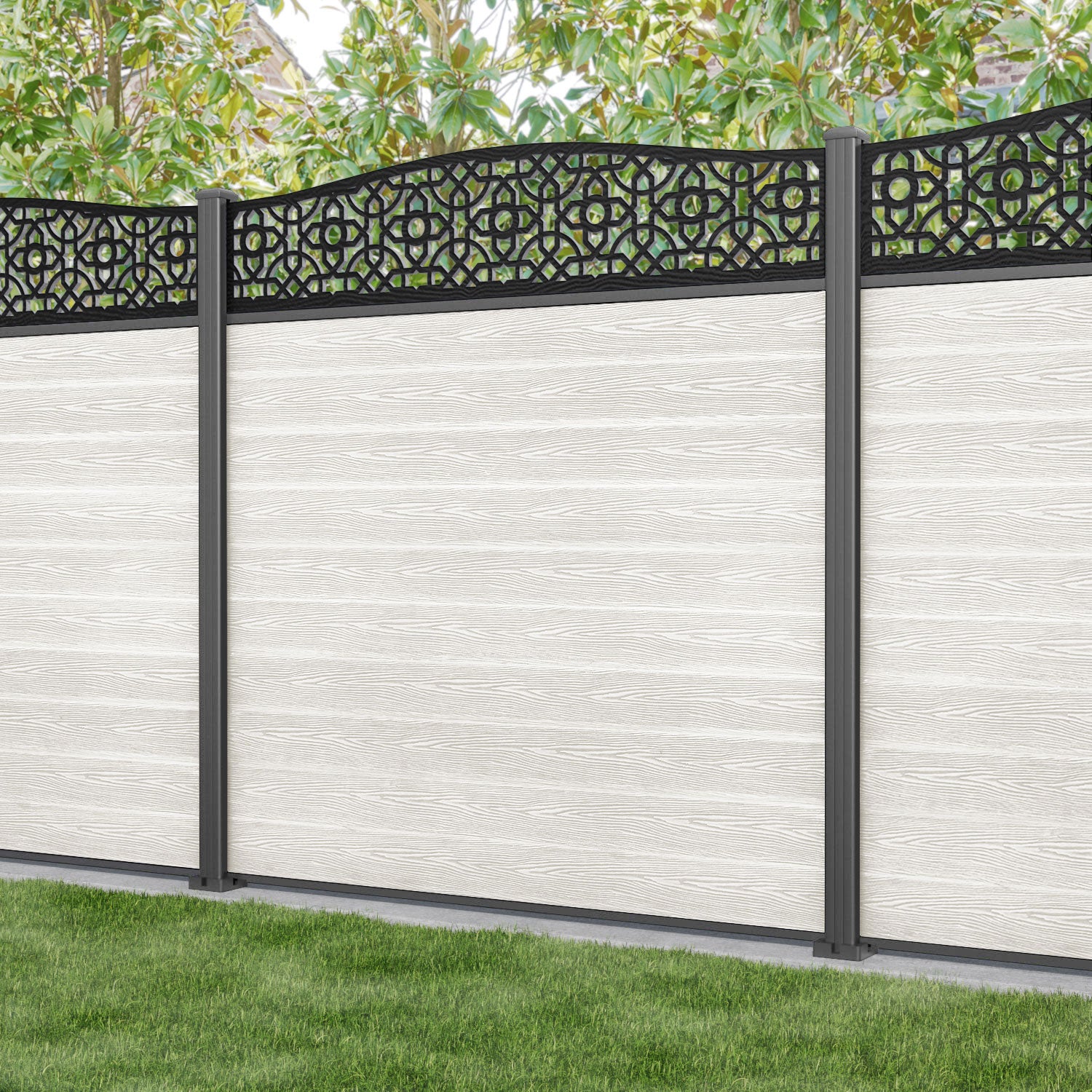 Classic Nabila Curved Top Fence Panel - Light Stone Color with Aluminum Posts | Durable Outdoor Privacy Fence for Backyard, Garden, and Pool Areas