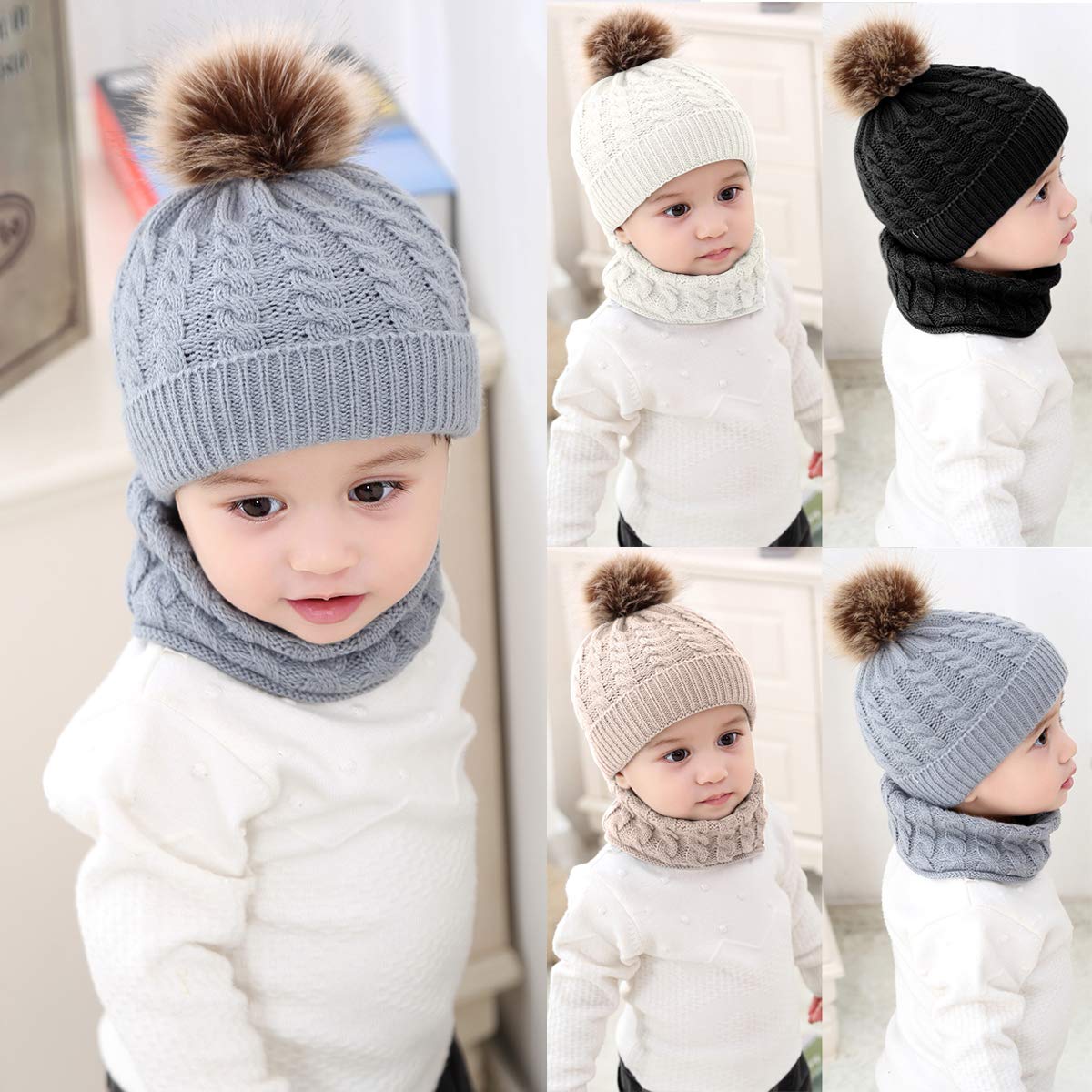 2PCS Toddler Baby Knit Hat and Scarf Set - Winter Warm Beanie Cap with Circle Loop Scarf Neck Warmer for Boys Girls - Perfect for Snow Play, Outdoor Activities & Christmas Photos