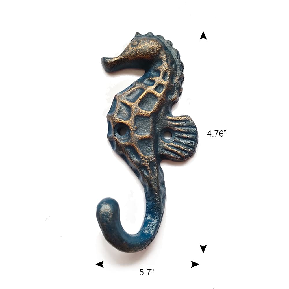 WINTENT Turquoise Patina Cast Iron Seahorse Wall Hooks - Rustic Coastal Decor for Keys, Hats & Towels - Perfect for Beach House, Bathroom & Entryway Organization