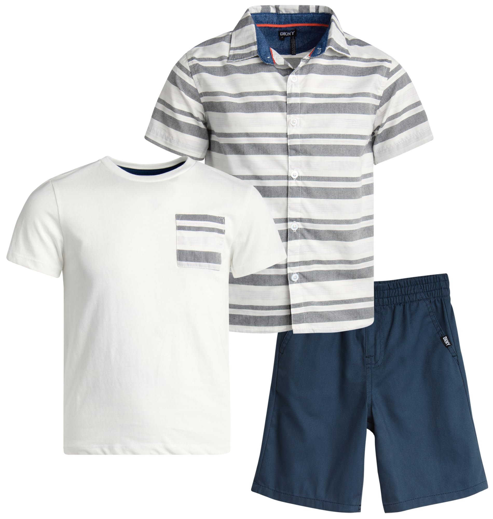 DKNY Boys' 3-Piece Summer Outfit Set - Short Sleeve Button Down Shirt, Graphic T-Shirt & Cotton Shorts - Casual Playwear & Vacation Clothes for Toddlers (2T-7) | Perfect for Beach Trips, Playdates & Summer Adventures