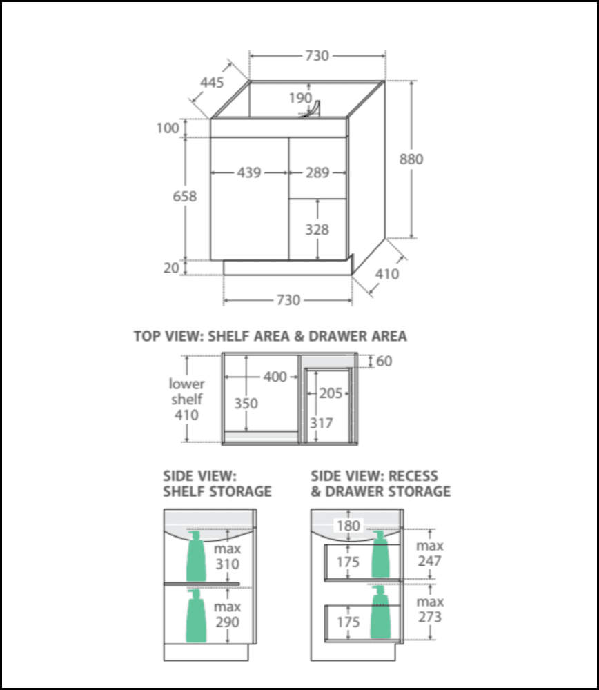 Fienza Dolce TCL75NKWR 750mm White Bathroom Vanity with Kicker & Right Hand Drawers - Modern Sink Cabinet for Small Bathrooms, Powder Rooms & Master Baths