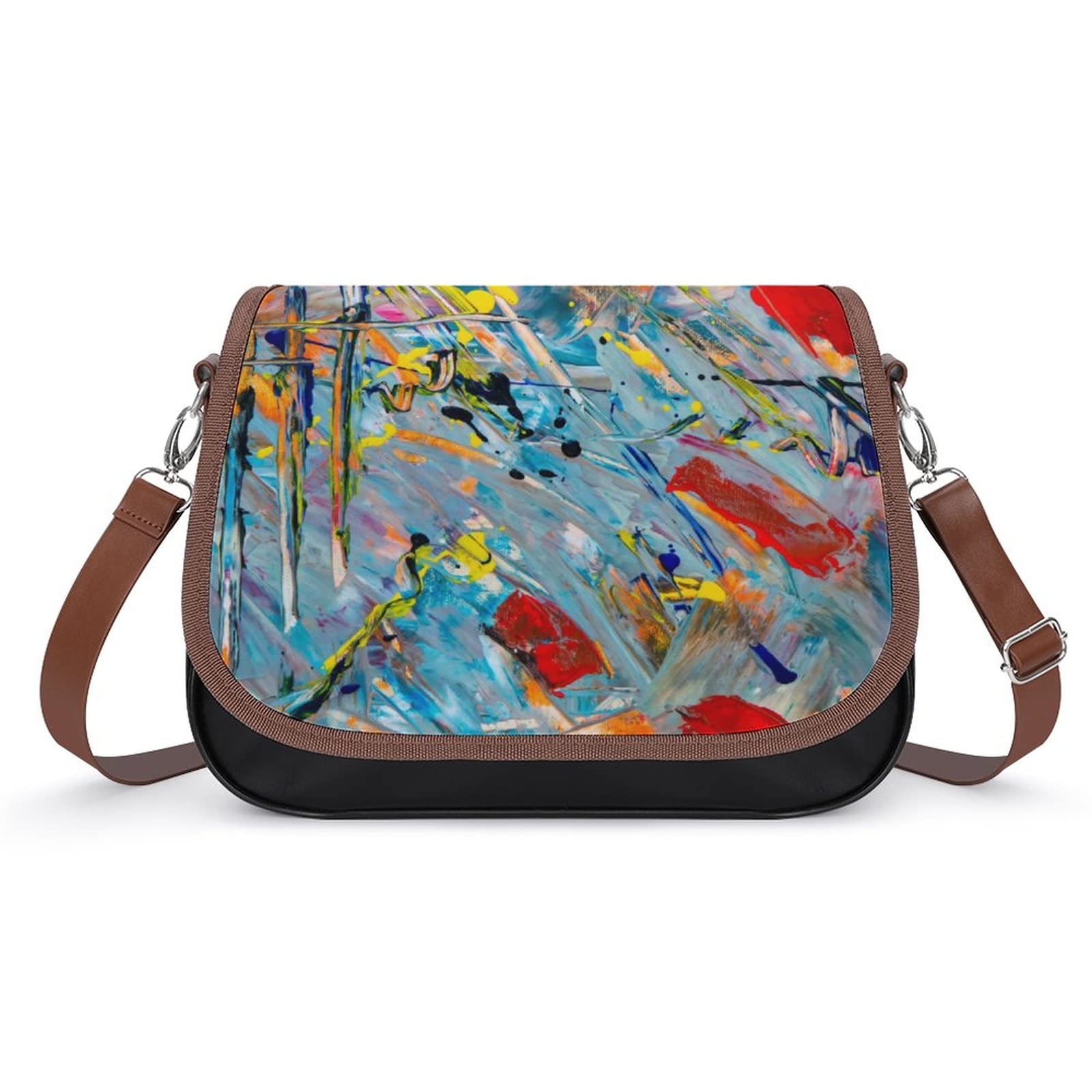 Women's Leather Crossbody Bag - Designer Shoulder Messenger Purse with Printed Flap Oil Painting Abstract Rose Pattern | Perfect for Work, Travel & Everyday Use