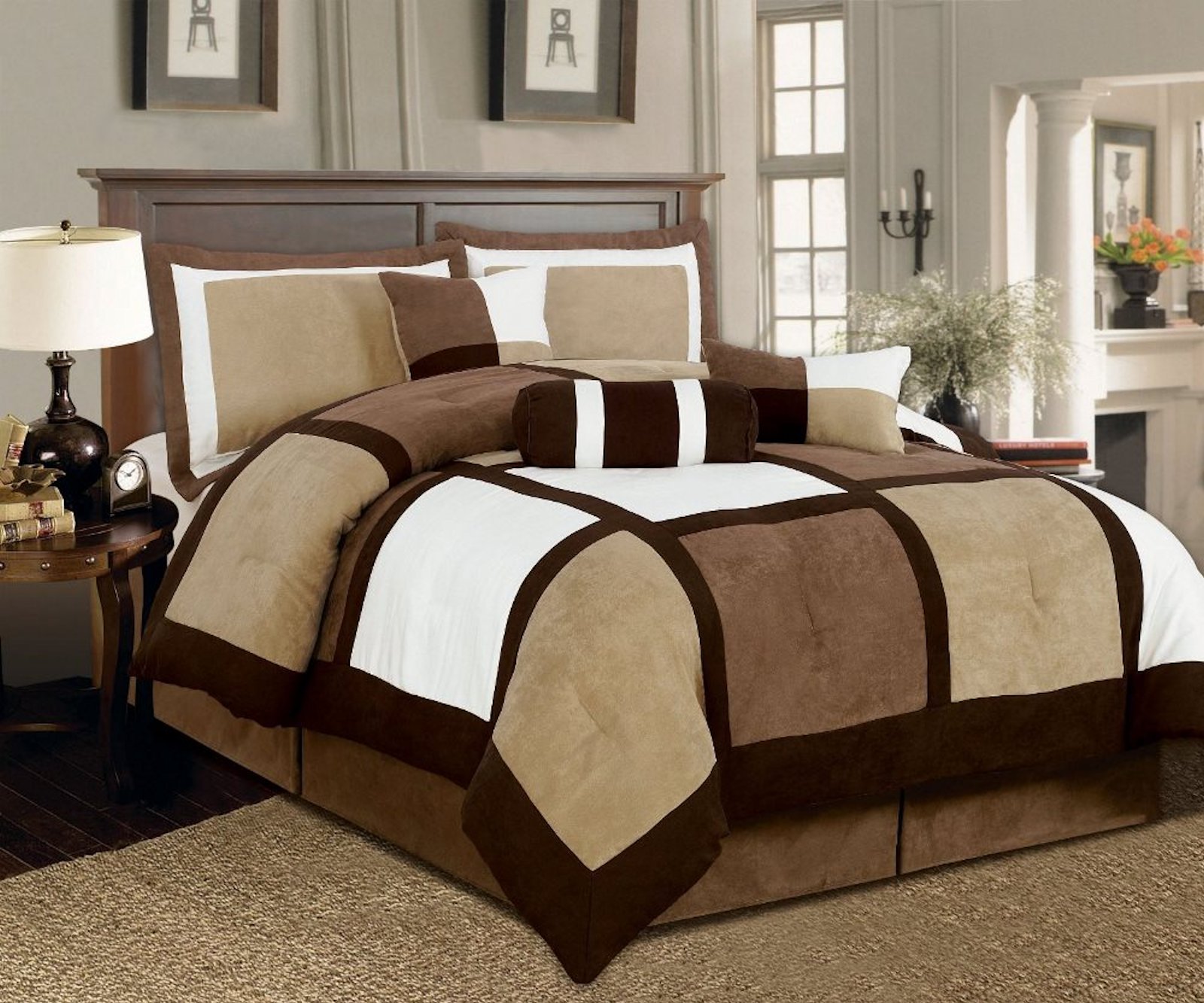 Legacy Decor 7-Piece Brown & Beige Micro Suede Patchwork Comforter Set - Full Size Bedding, Soft & Washable - Perfect for Master Bedroom, Guest Room & Dorm Decor