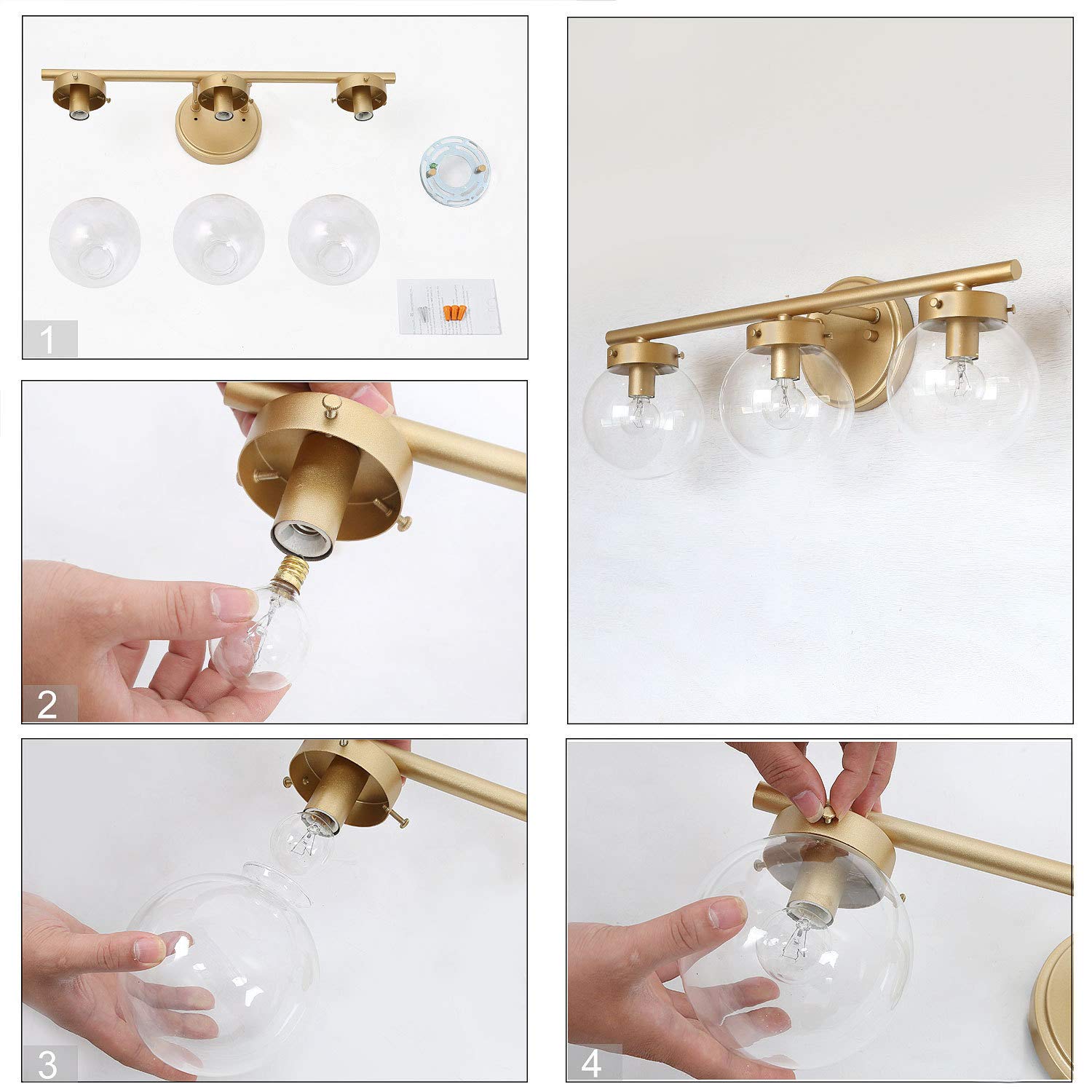 Gold Vanity Light with 3 Clear Globe Glass - 19.5