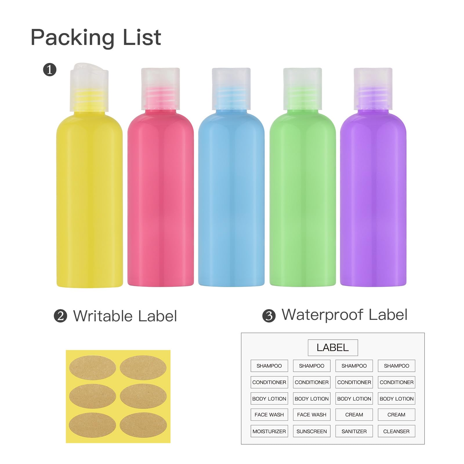 3.4 oz (100ml) TSA Approved Travel Bottles for Toiletries - 5 Pack Leak Proof Small Plastic Shampoo Containers with Labels | Perfect for Airplane Carry On, Gym, Camping & Vacation Essentials