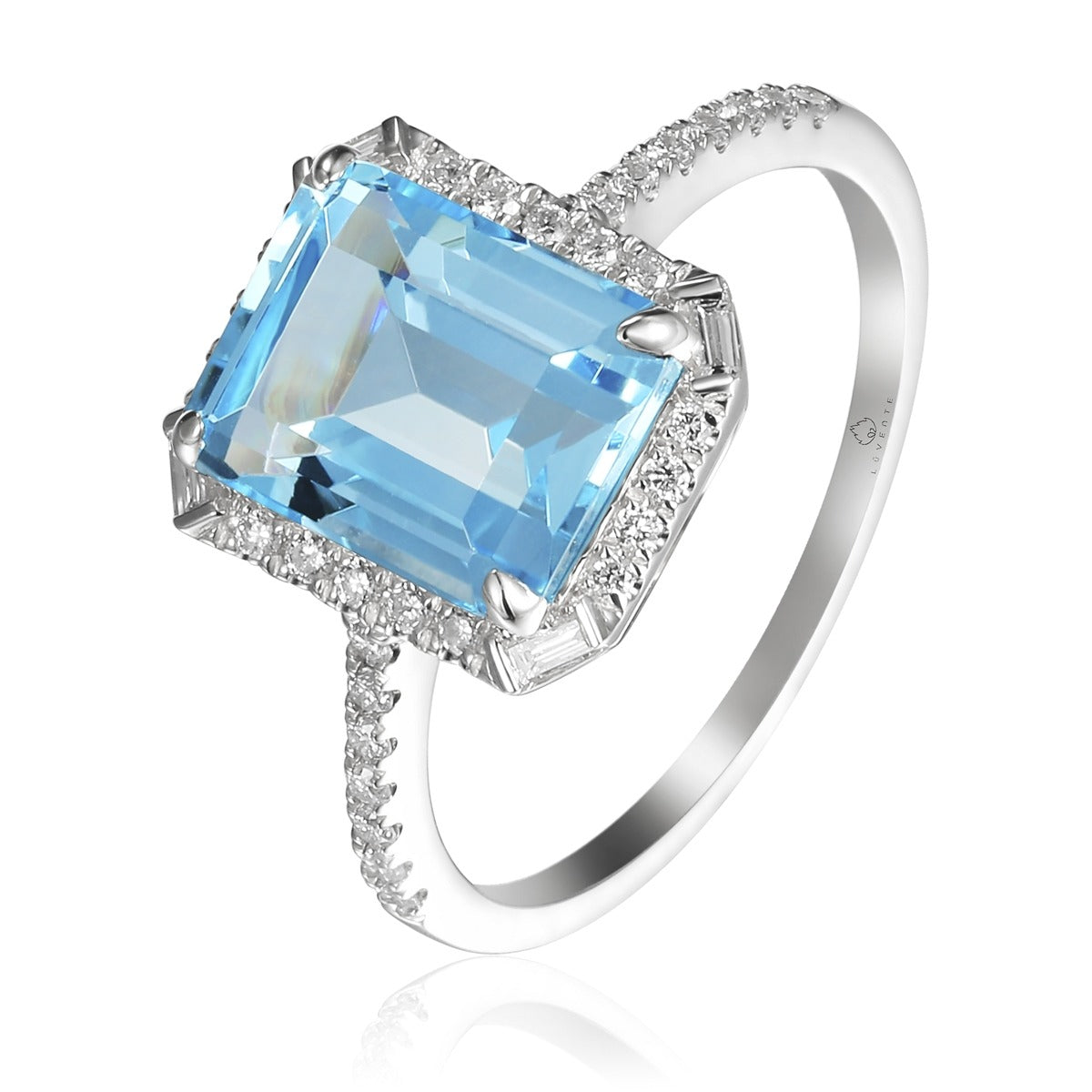 Emerald Cut Blue Topaz & Diamond 14K White Gold Ring for Women - Elegant Wedding, Engagement & Anniversary Jewelry Gift