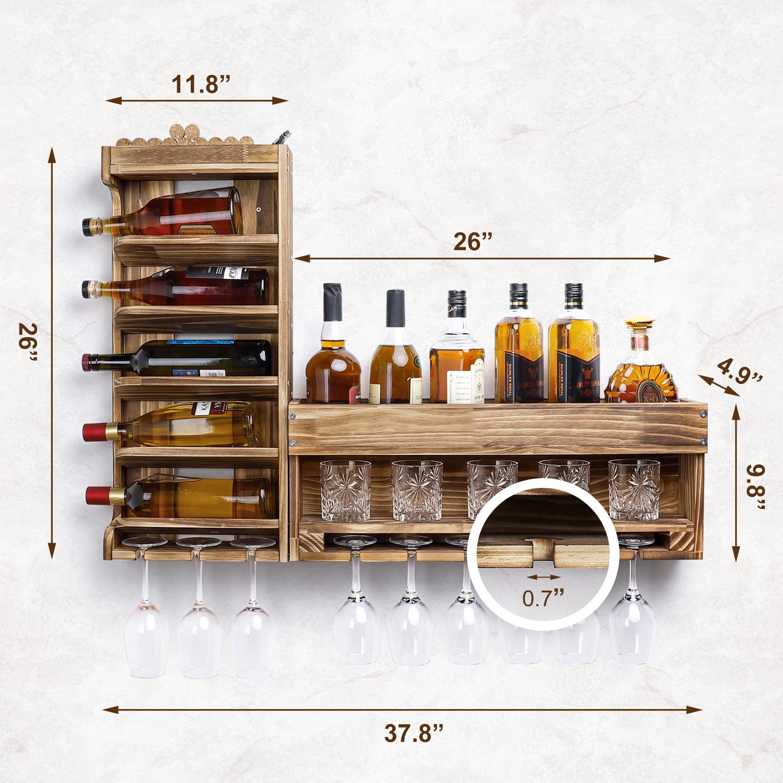Wall Mounted Wood Wine Rack with Bottle & Stemware Holder - Rustic Whiskey Display Storage with Cork Compartment for Home Bar, Kitchen Decor | Perfect for Wine Enthusiasts & Entertaining Guests