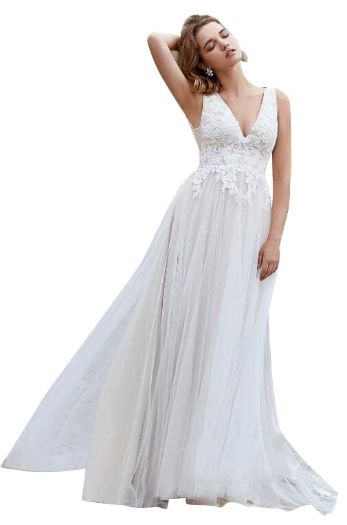 Elegant Lace V-Neck Backless A-Line Plus Size Wedding Dress for Bride - Perfect for Beach, Garden & Outdoor Ceremonies