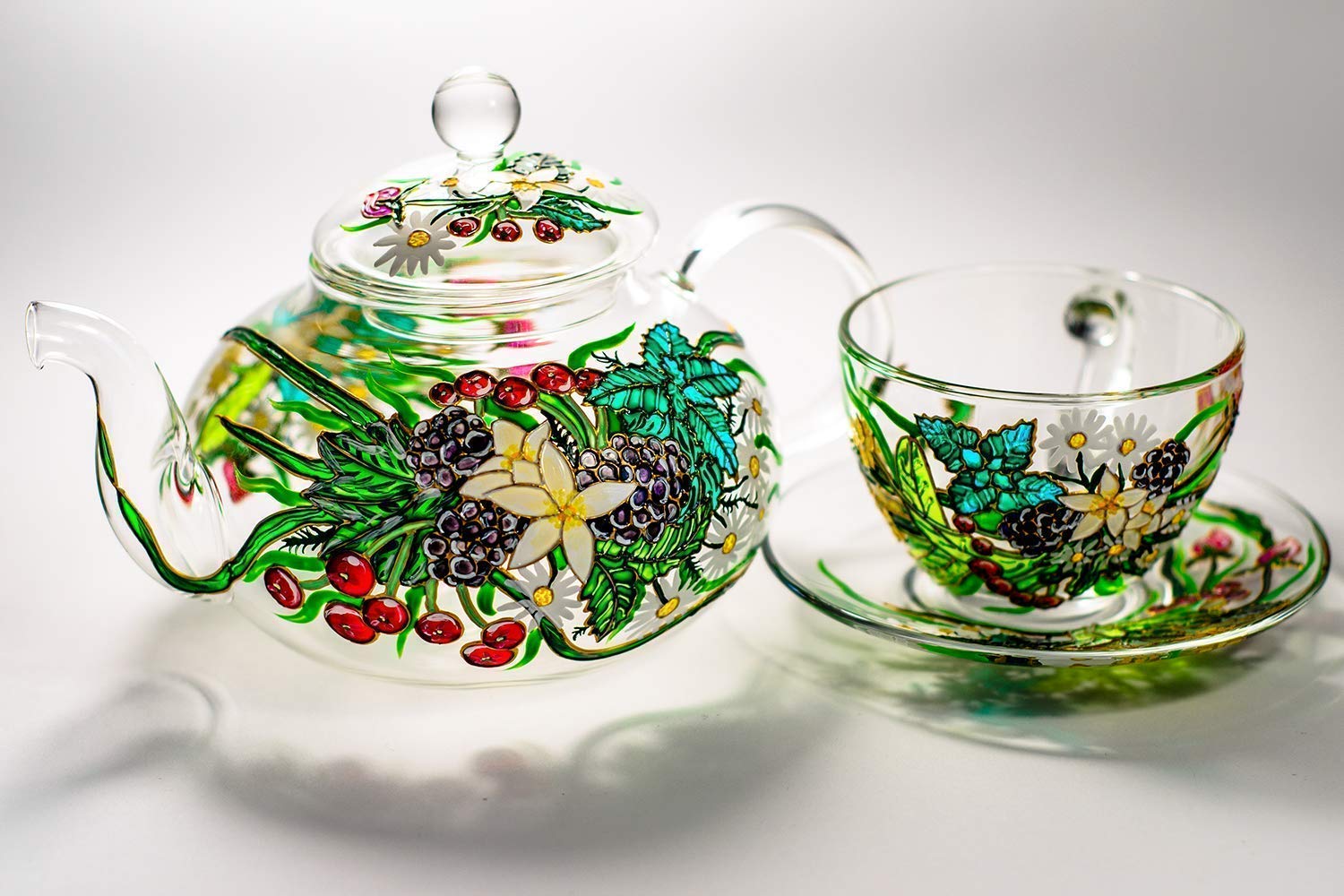 Personalized Glass Teapot Set with Removable Infuser & Cups - Hand-Painted Floral Design - Custom Gift for Mother's Day, Birthday & Tea Lovers - Perfect for Afternoon Tea, Home Decor & Special Occasions