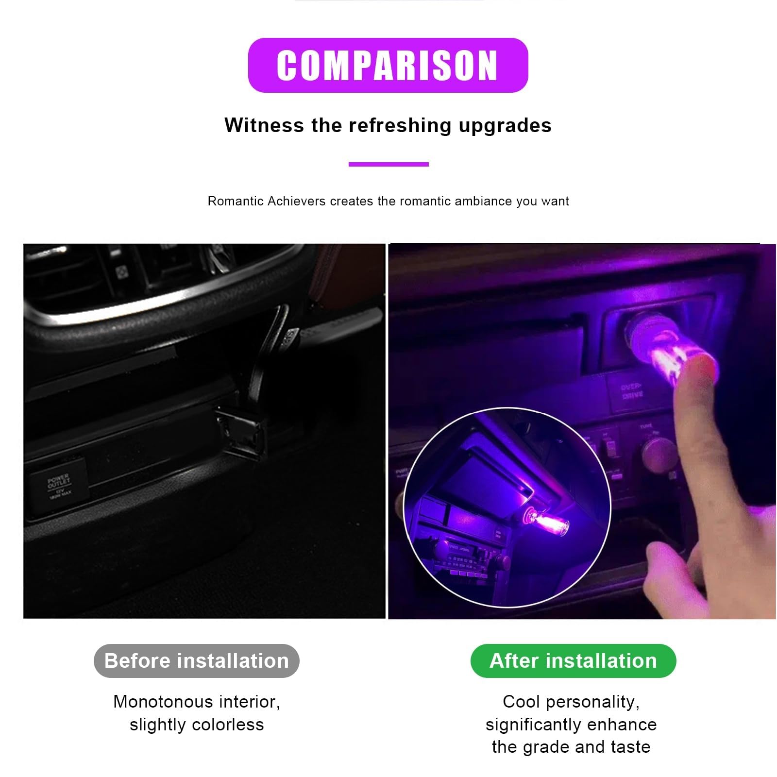 USB LED Car Interior Lights - Mini USB Atmosphere Lighting for Cars, Bedrooms, Hallways (Clear-Purple) | Retro Automotive Night Lamps with USB Power | Perfect for Mood Lighting & Nighttime Visibility