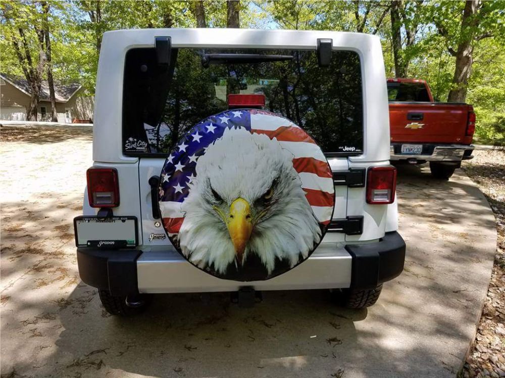 American Flag Spare Tire Cover with Eagle Head Design - Fits RV, Camper & All Spare Tire Sizes (Check Drop Down Menu) - Durable Weatherproof Wheel Protector for Outdoor Adventures & Road Trips