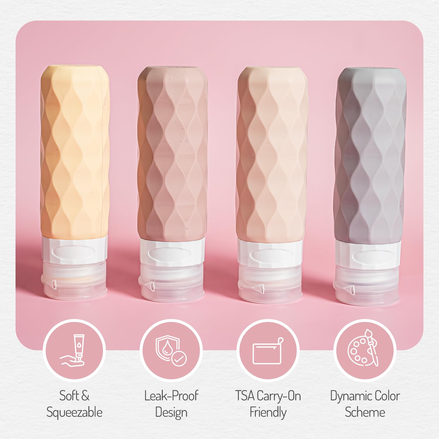 Leak-Proof 90ml Silicone Travel Bottles (4-Pack) - TSA & CAA Approved Toiletry Containers for Shampoo, Lotion & Soap - Squeezable Pastel Travel Essentials for Airplane, Gym & Vacation