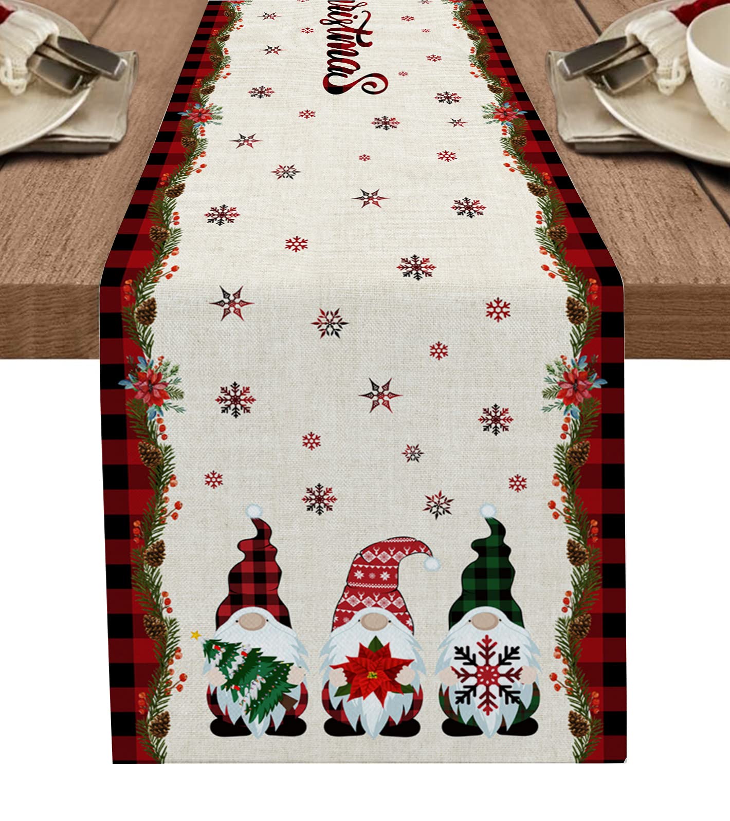 108 Inch Christmas Table Runner - Red and Black Buffalo Plaid Holiday Decor for Kitchen, Dining & Living Room | Perfect for Party, Home & Coffee Table Decoration | 13x108 Inch Festive Gnome Design