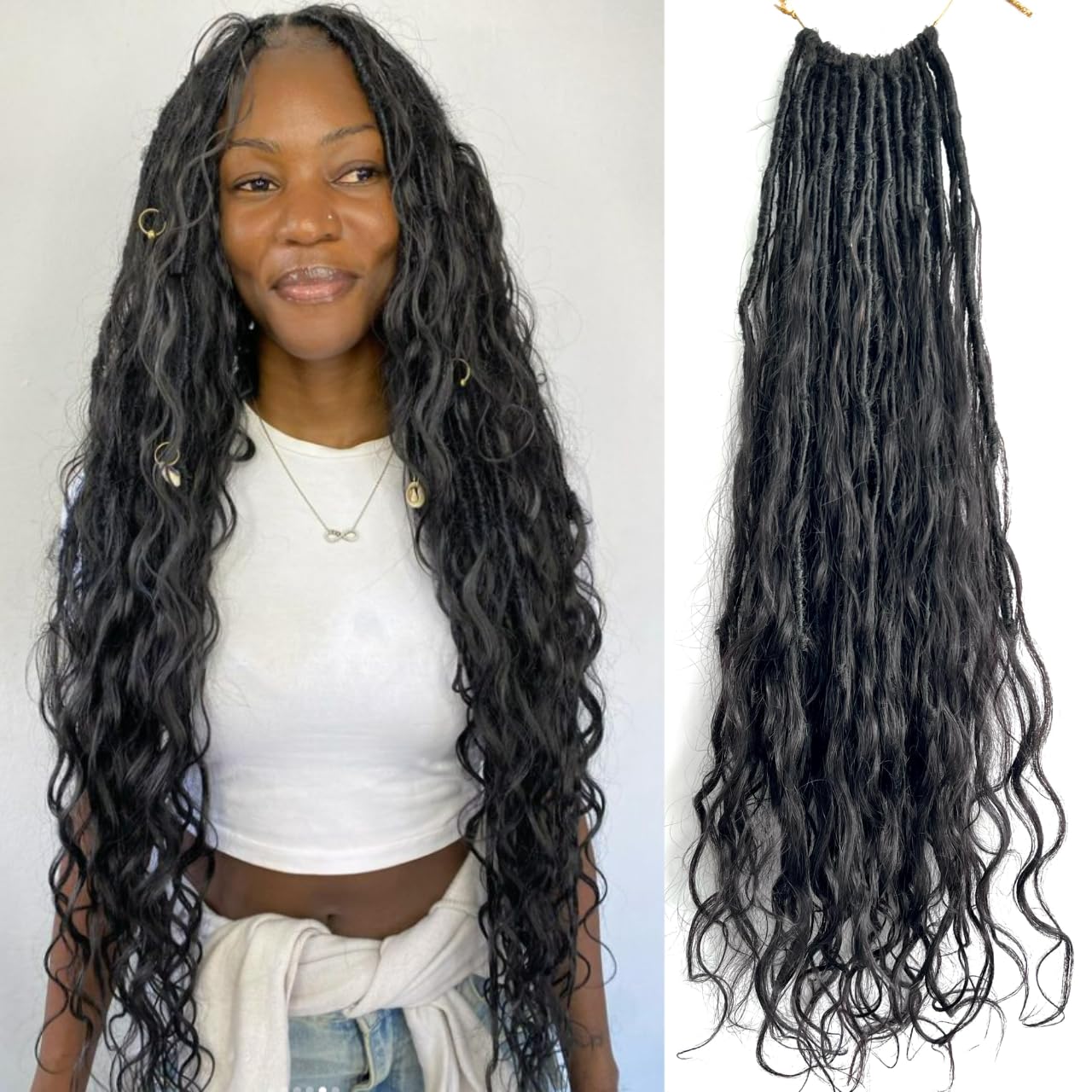 Boho Faux Locs Crochet Hair - 18 Inch Pre-Looped Human Hair Braids with Body Wave Ends - Natural Color Goddess Dreadlocks for Black Women (Pack of 3) - Perfect for Protective Styling, Weddings & Everyday Wear