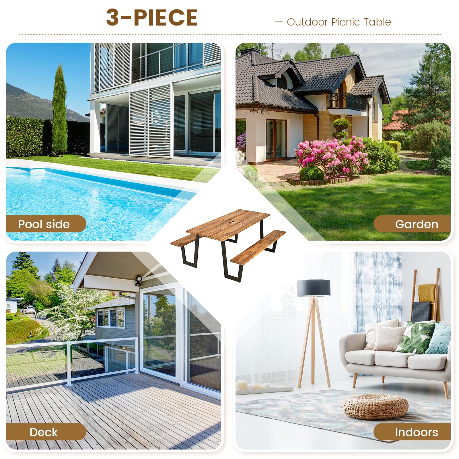 Tangkula 6-Person Acacia Wood Picnic Table Set with 2 Benches & Umbrella Hole - Weather-Resistant Outdoor Dining Table for Backyard, Garden, Patio, BBQ, Picnics & Parties - Steel Frame & Wood-Like Texture Tabletop