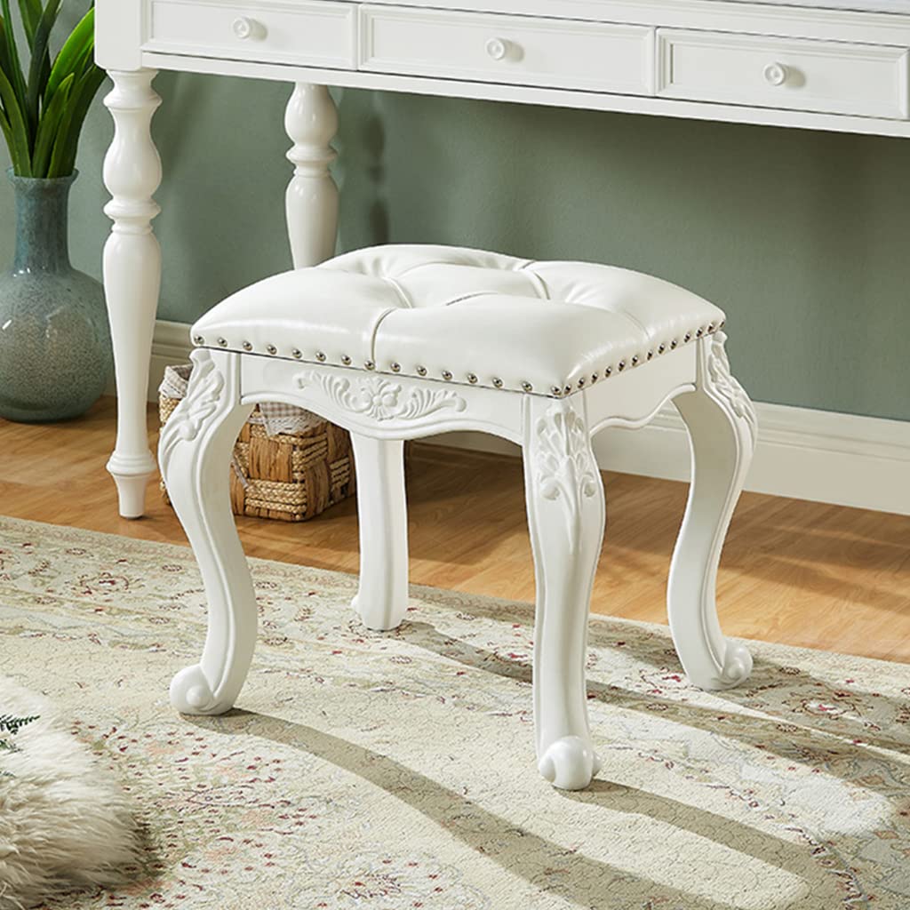 Wooden Vanity Chair Stool with Leather Padded Cushion - Stylish Rivet Design Piano Bench for Makeup Dressing (42x34x45cm) - Perfect for Bedroom, Bathroom & Dressing Room