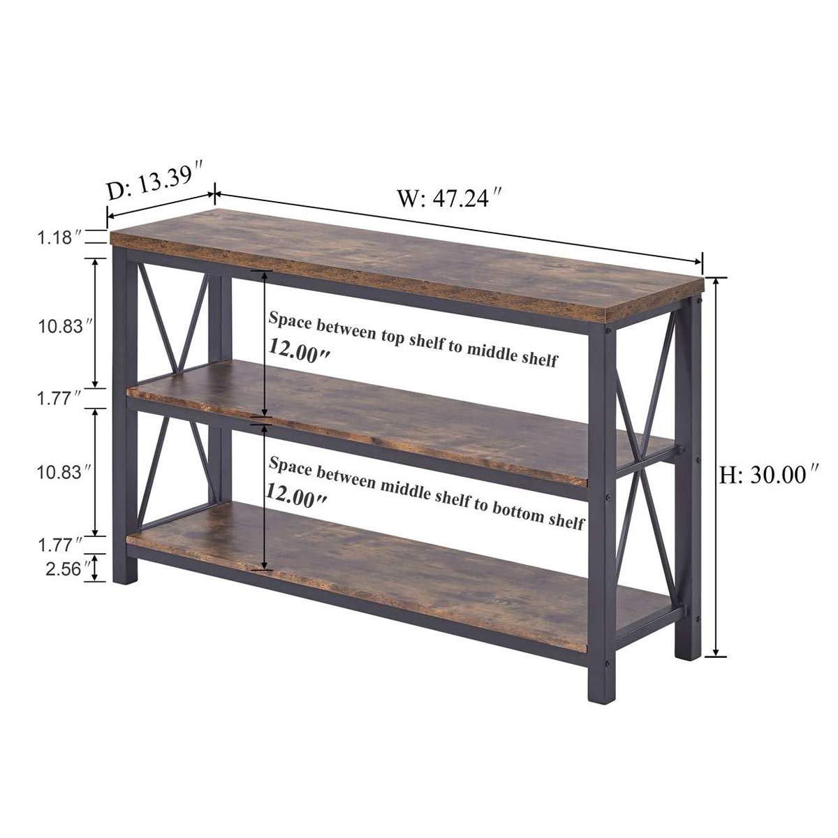 BON AUGURE 47 Inch Rustic Brown Industrial Sofa Console Table - 3 Tier Entryway Hallway Table, Rustic Hall Table Behind Couch - Perfect for Living Room, Foyer, and Home Decor