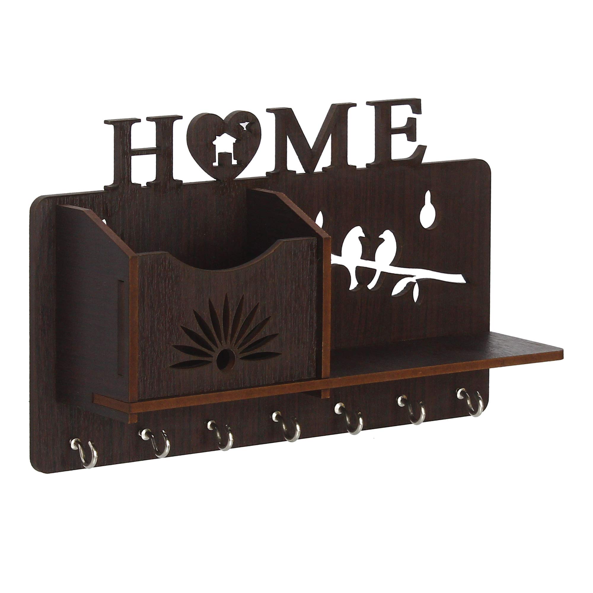 CAPIO ART Wooden Key Holder Wall Mount with 7 Hooks - Stylish Home & Office Key Organizer with Self Storage - Decorative Brown Wood Wall Hanger for Keys, Mail, Hats & Small Accessories - Perfect for Entryway, Mudroom & Hallway Organization