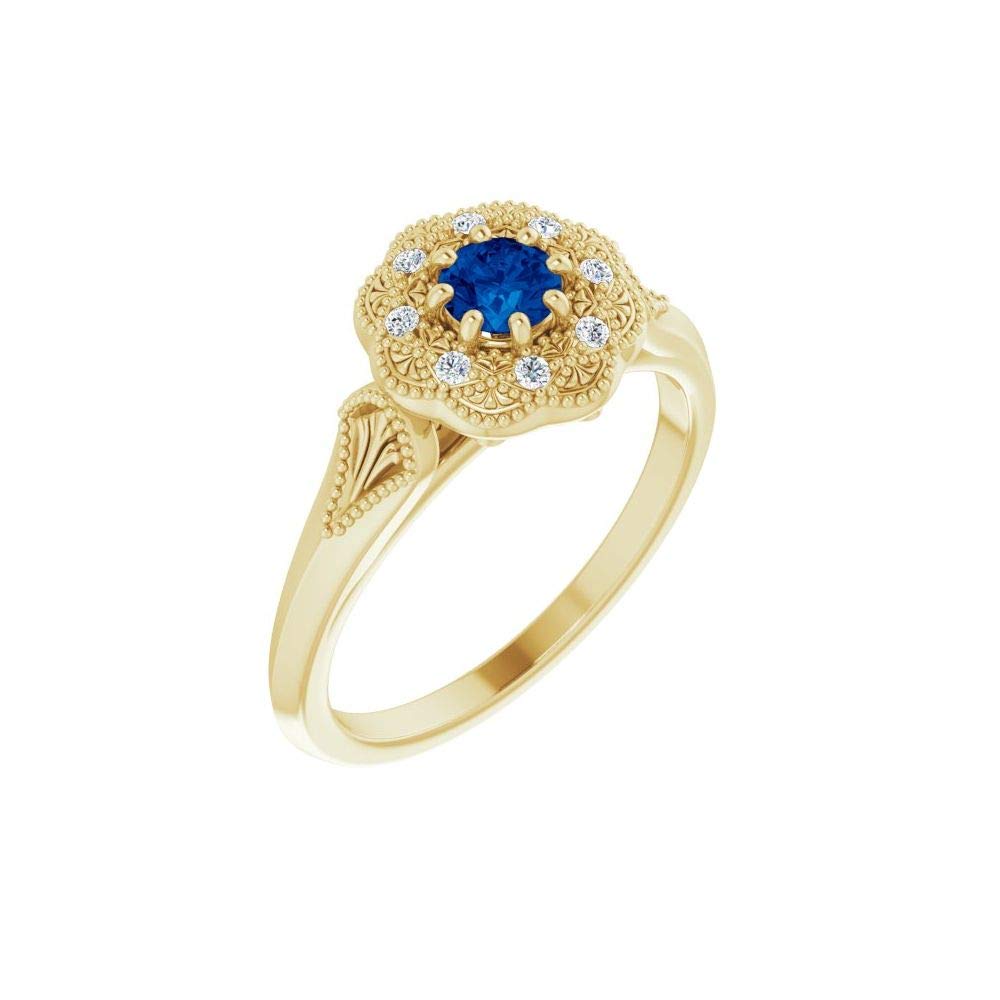 14K Solid Yellow Gold Blue Sapphire & Diamond Vintage Halo Ring Band - 0.06cttw, 9.1mm Width - Perfect for Engagement, Wedding, Anniversary & Special Occasions