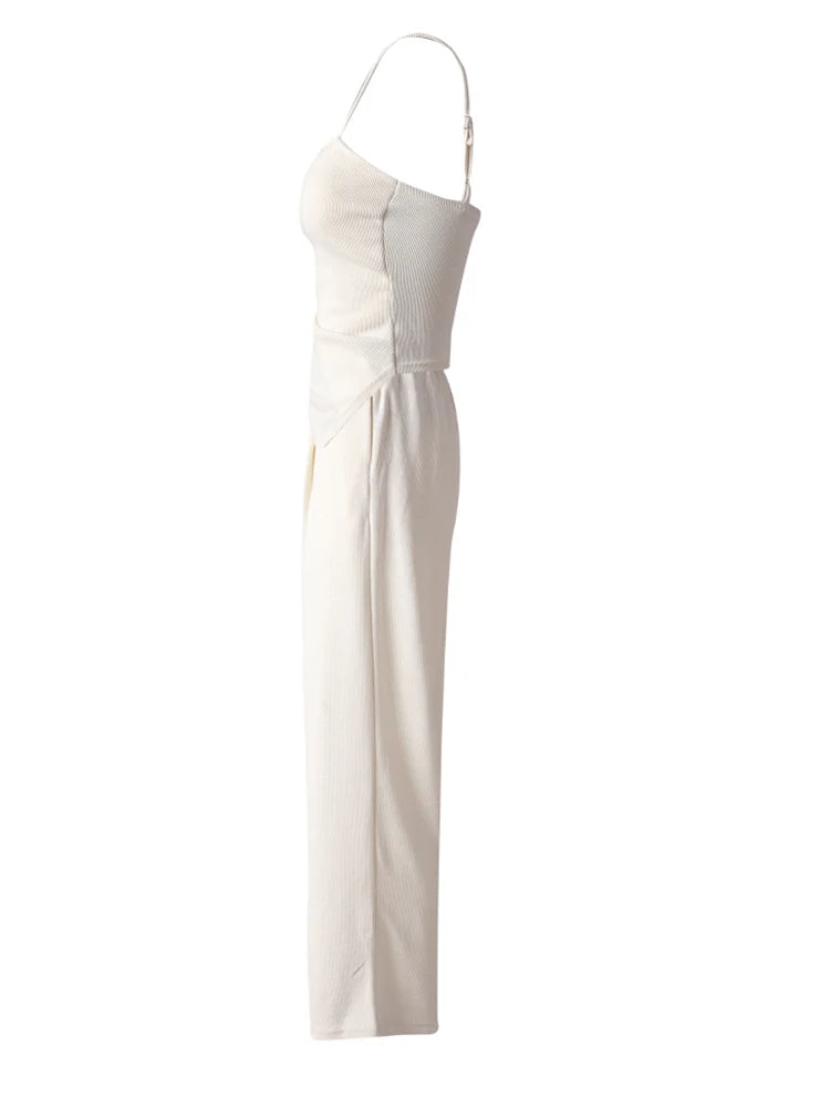 Beige Irregular Tank Top & Wide Leg Pants Two-Piece Set - Women's Sleeveless Fashion Outfit for Spring Summer 2025 | CPG3157 | Perfect for Beach Vacations, Casual Outings & Summer Parties