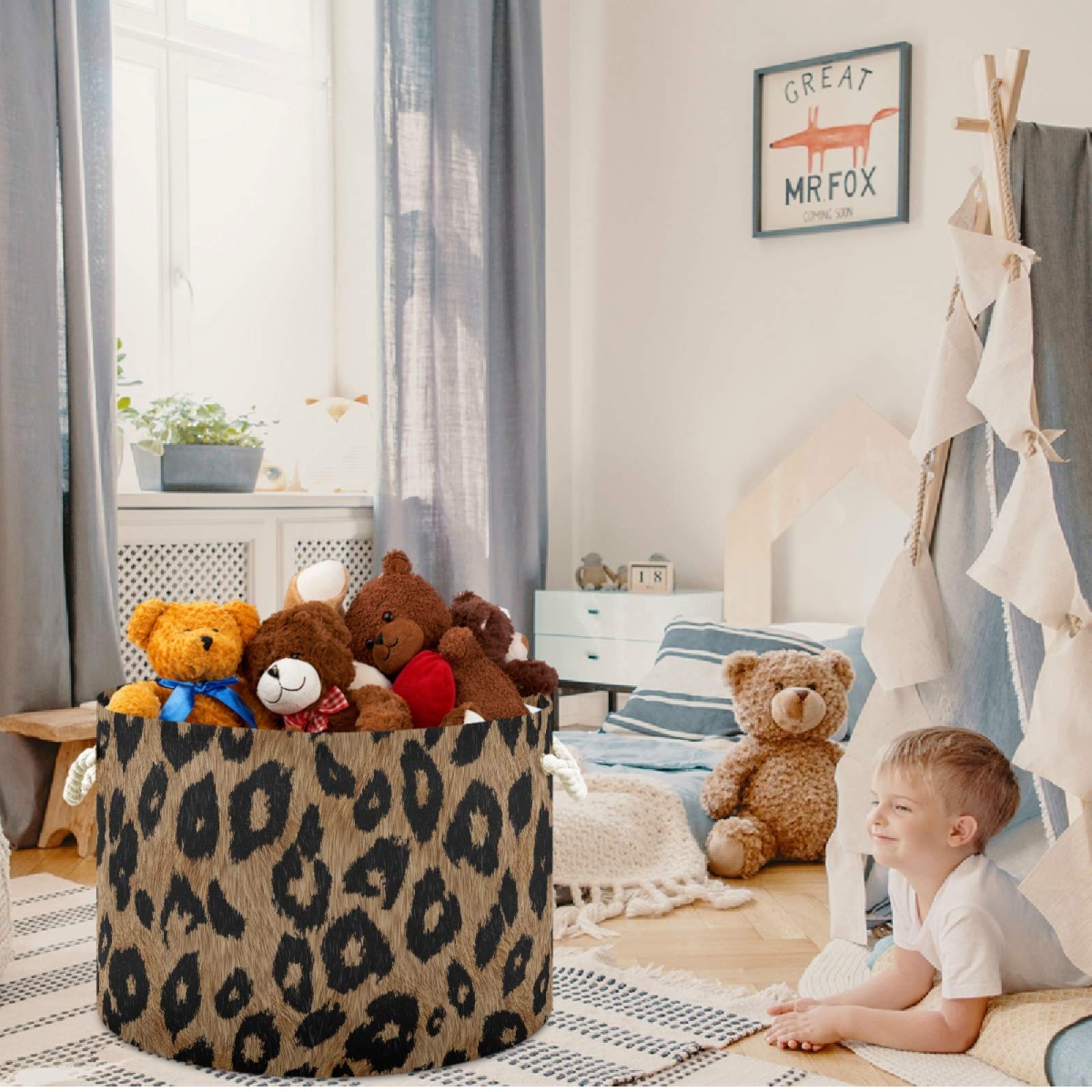 Visesunny Classic Leopard Print Collapsible Laundry Basket - Fabric Storage Bin for Clothes, Toys & Organizing - Perfect for Bathroom, Bedroom, Nursery, Closet & Office Organization