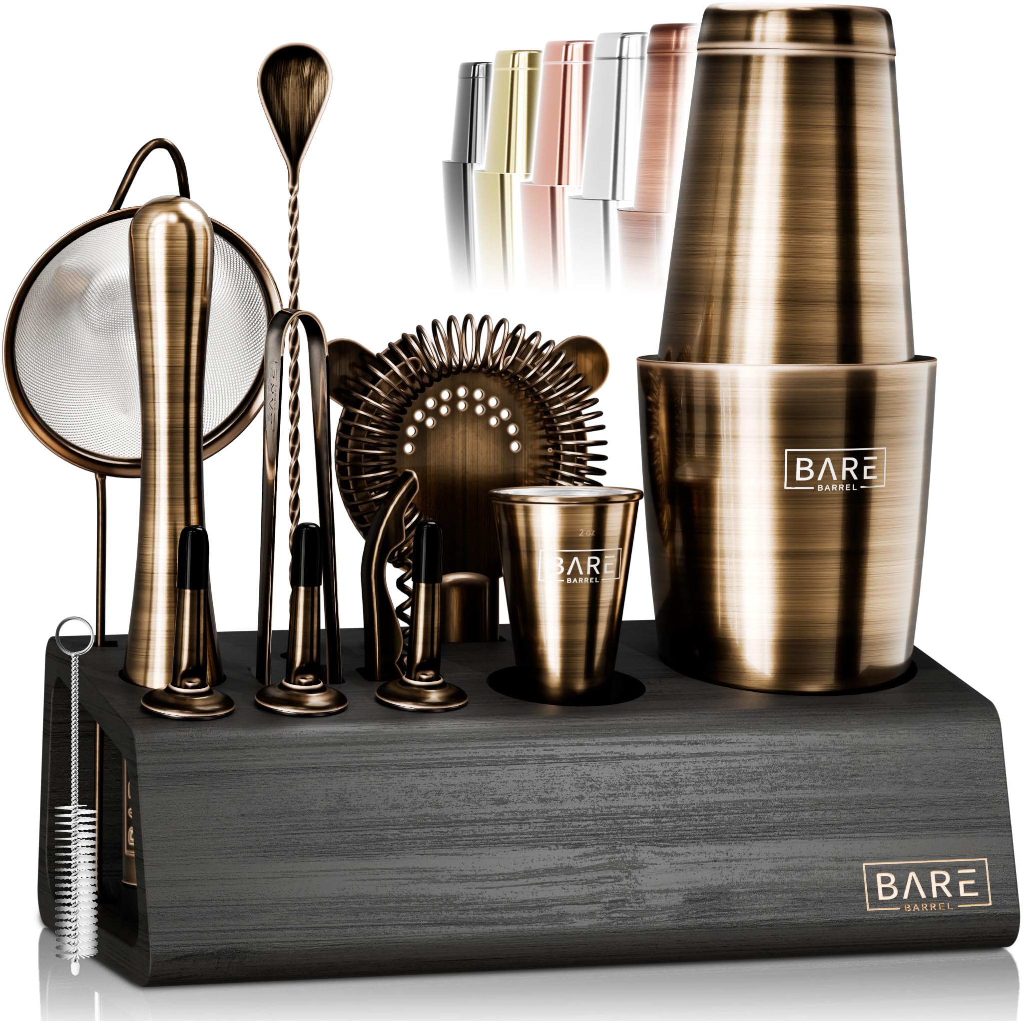 BARE BARREL® 14-Piece Professional Bartender Kit - Stainless Steel Cocktail Shaker Set with 28oz Boston Shaker, Mixing Tools & 35 Recipe Cards - Perfect for Home Bar, Parties & Cocktail Making (Brass/Black)