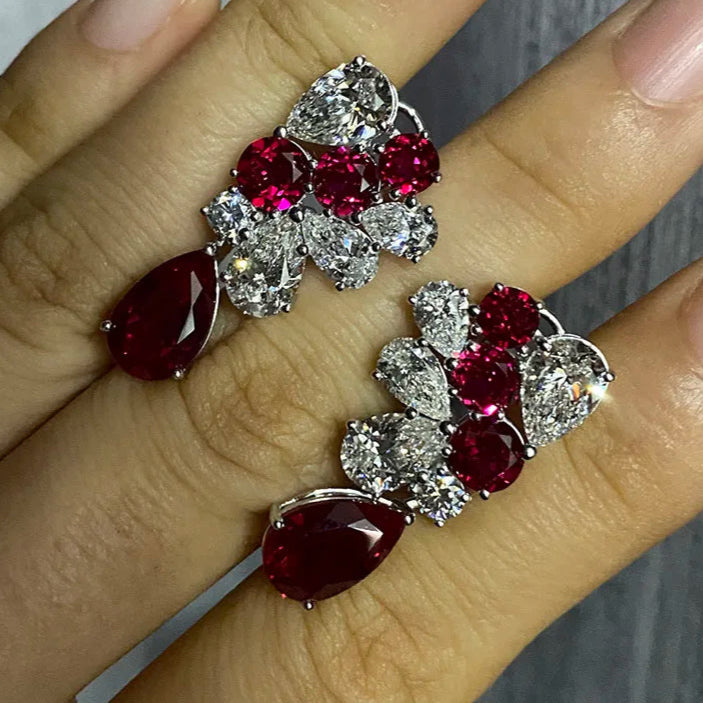 14K White Gold & Platinum Lab-Grown Ruby and Diamond Jewelry Set - Necklace (100ctw) & Earrings (16.5ctw) | Luxury Bridal, Anniversary Gift for Her | Perfect for Weddings, Parties & Special Occasions