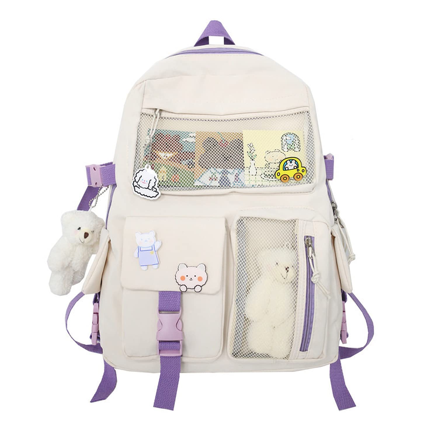 Cute Aesthetic Kawaii Backpack for School with Adorable Pin Accessories - Light Beige One Size - Perfect for Girls, Teens & College Students