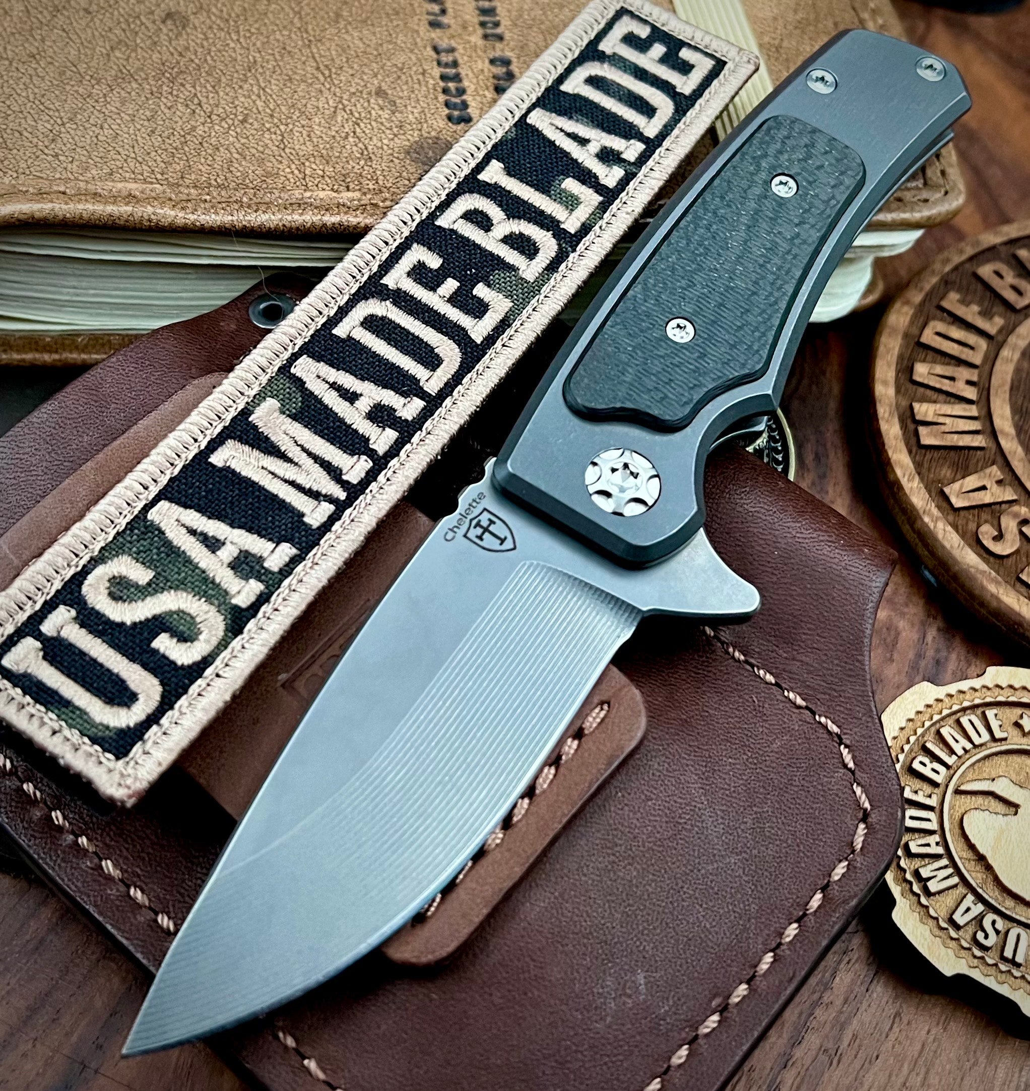 Chelette Custom Knives Gur Full Titanium S30V Blade with Carbon Fiber Inlay & Titanium Hardware - EDC Folding Pocket Knife for Outdoor Camping Hunting Survival Gear