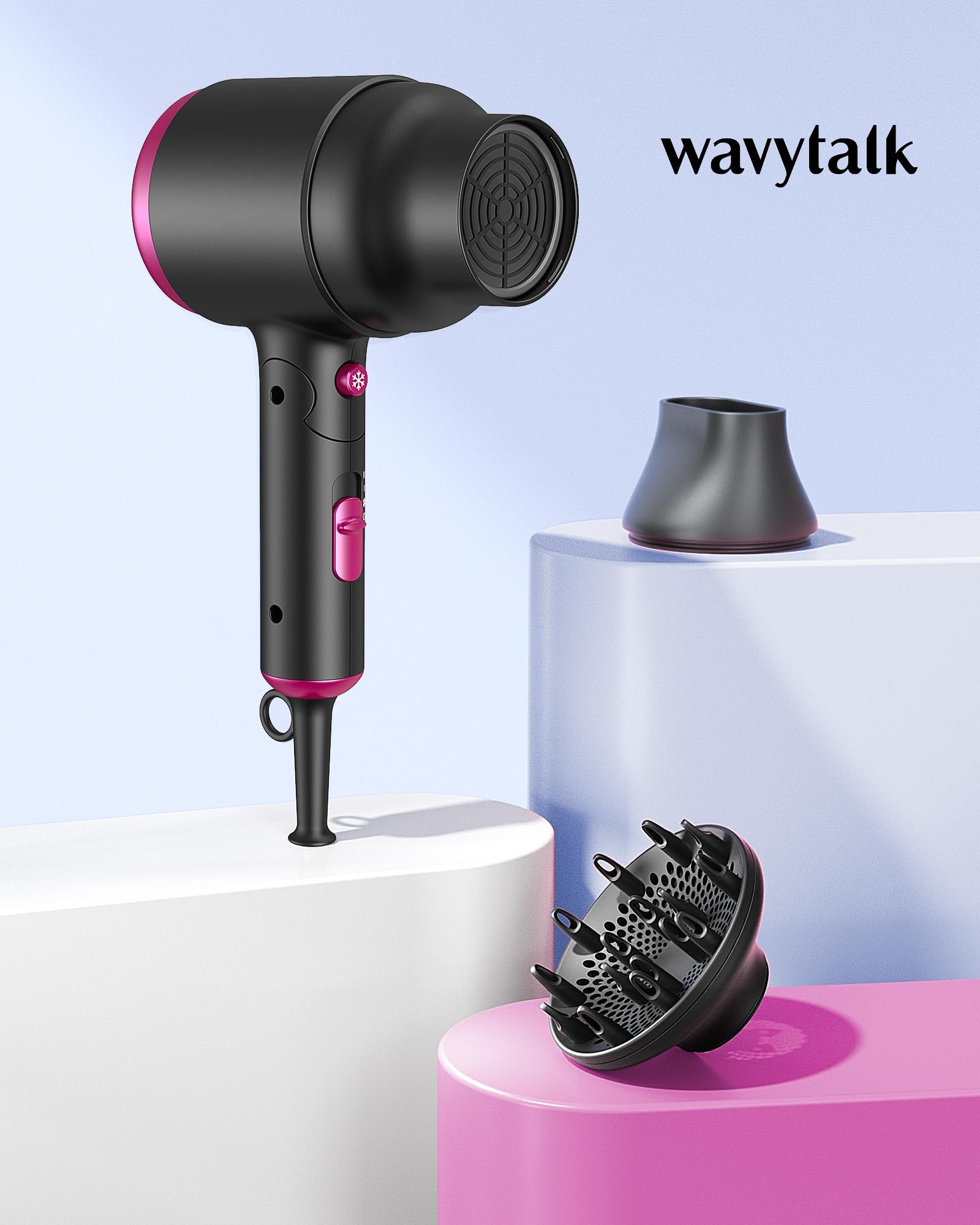 Wavytalk 1600W Foldable Hair Dryer with Diffuser - Lightweight Blow Dryer for Curly Hair, Black | Perfect for Travel, Home & Salon Styling