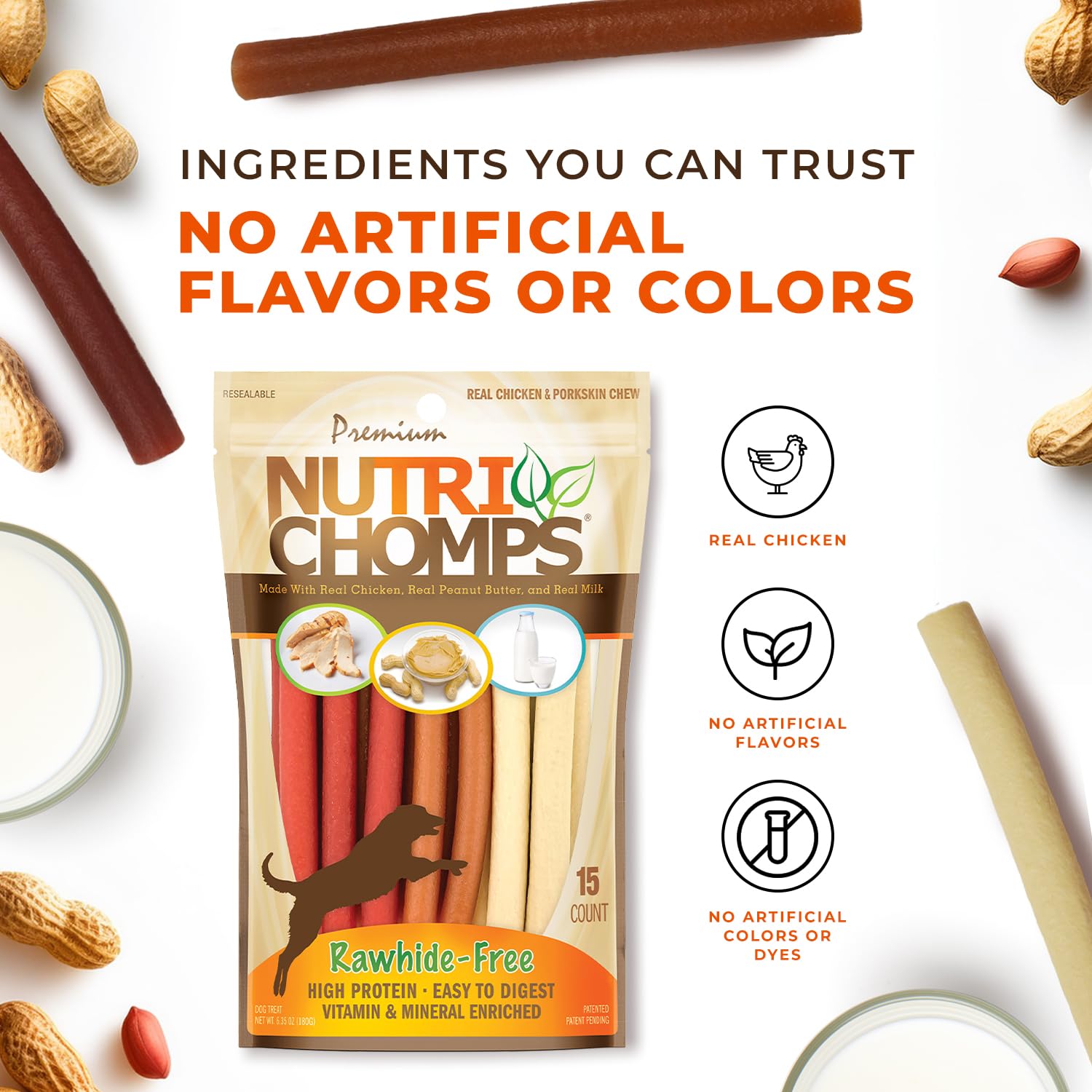 Nutri Chomps Dog Chews - 5-inch Rawhide-Free Twists with Real Chicken, Peanut Butter & Milk Flavors - Easy to Digest Dog Treats (15 Count) - Perfect for Training, Teething & Dental Health