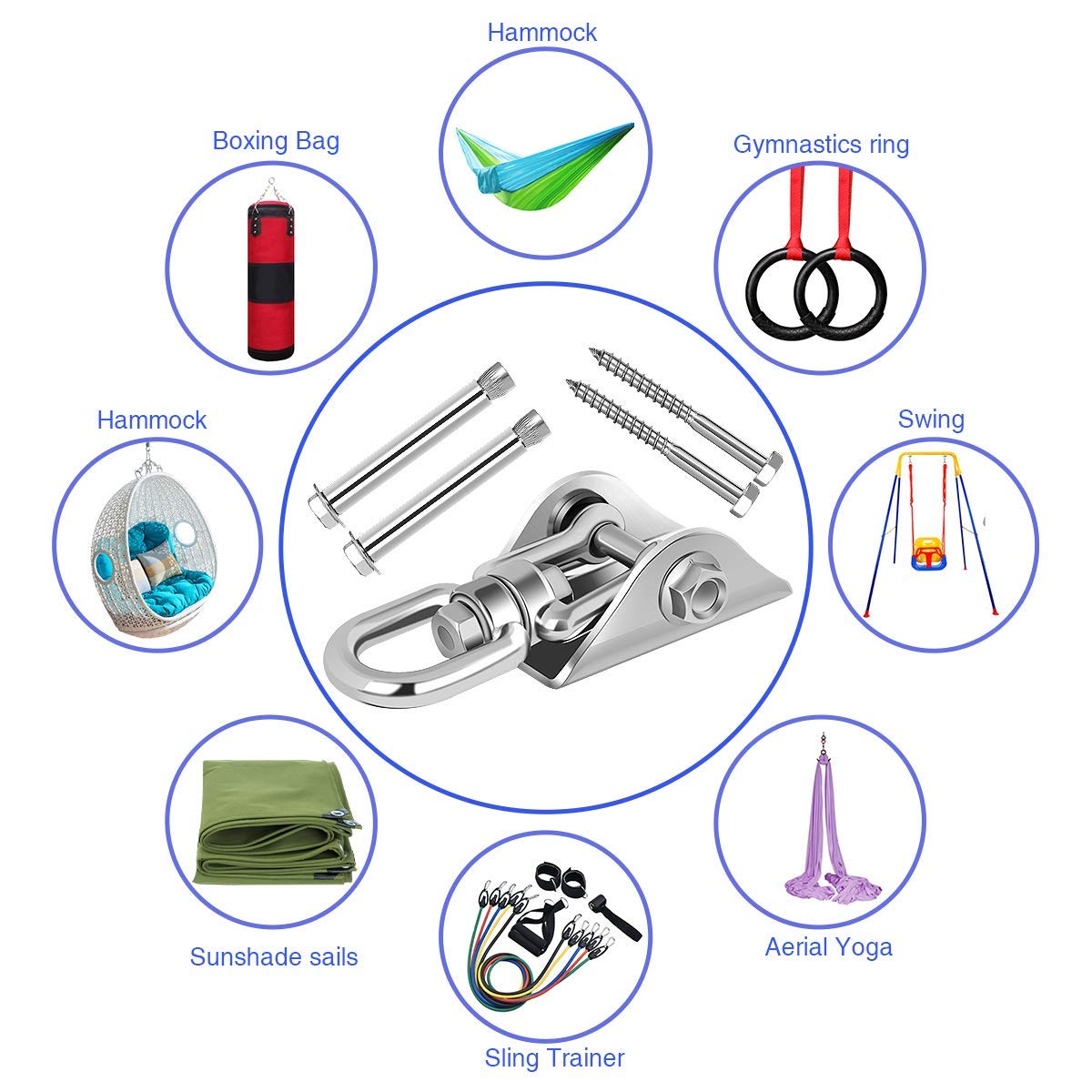 Heavy Duty Swing Hangers - 1000 LB Capacity SUS 304 Steel Suspension Hooks with 360° Rotation - 2 Pack for Playground, Porch, Yoga, Hammock, Chair & Sandbag Swing Sets - Indoor & Outdoor Use