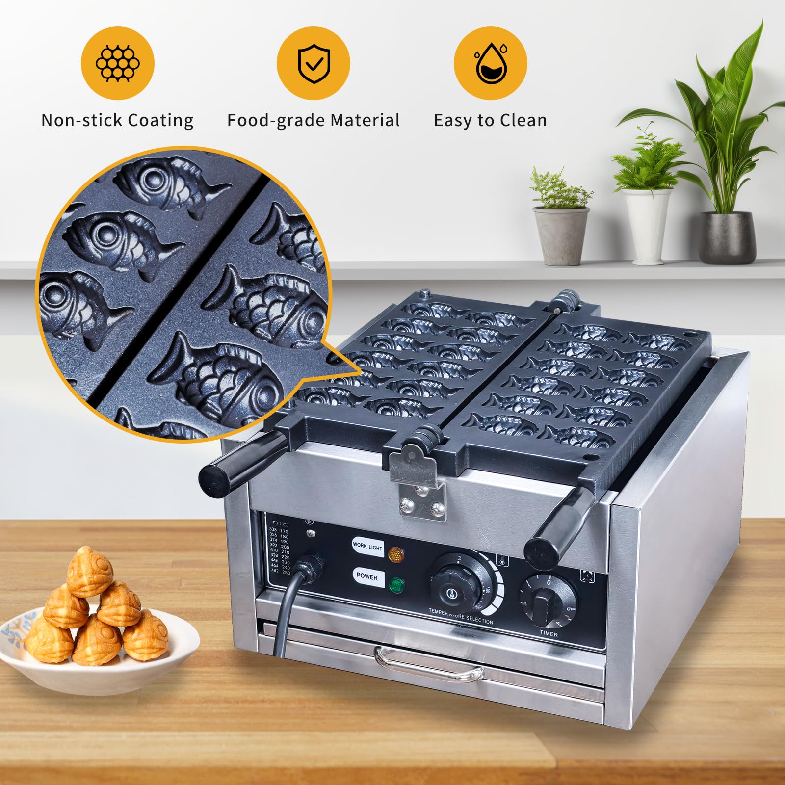 Mini Fish-Shaped Waffle Maker - Non-Stick Teflon Coating Taiyaki Pan with Adjustable Temperature (122-572℉) - Perfect for Home, Hotel, Restaurant, Bakery & Coffee Shop - Make Cute Fish Waffles for Breakfast, Desserts & Parties