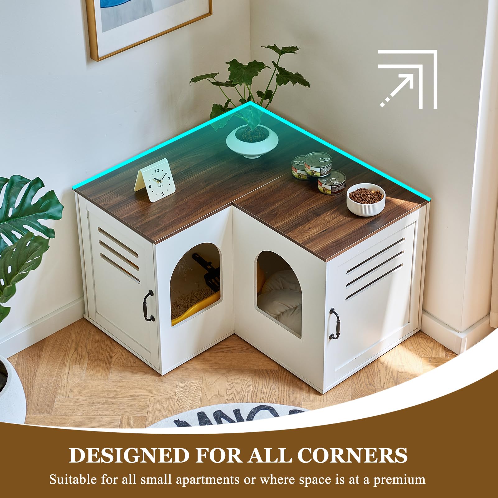 Hidden Litter Box Furniture for 2 Cats - Corner Litter Box Enclosure Cabinet with Double Room, Indoor Cat House End Table (31.5 x 17.7 x 19.7 Inches, White) - Perfect for Small Spaces & Living Room Discretion