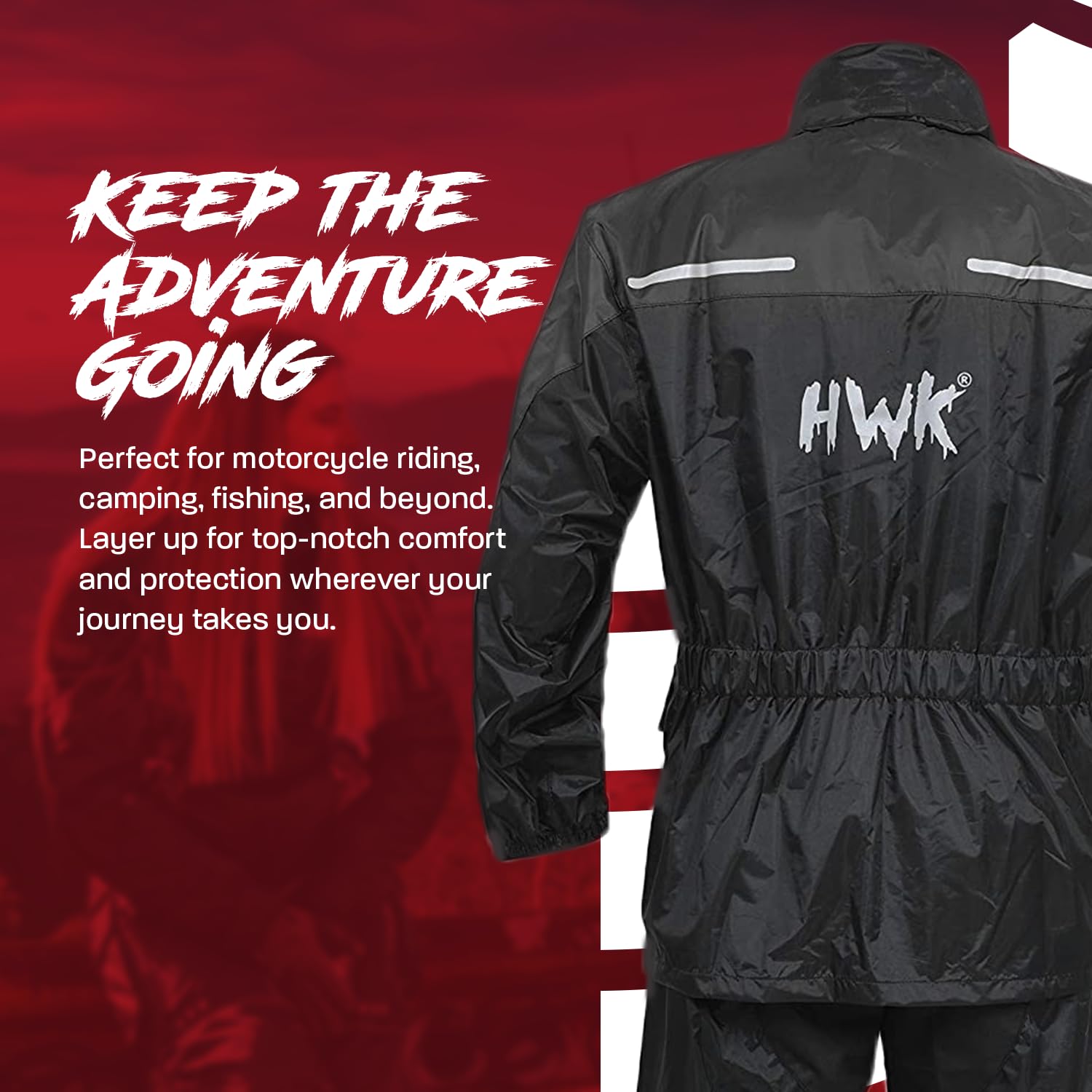 HWK Waterproof Motorcycle Rain Suit for Men & Women - 2-Piece Reflective Riding Gear with Jacket & Pants | All-Season Weatherproof Protection for Motorcycles, Scooters & Bikes (Black, X-Large) - Ideal for Commuting, Touring & Adventure Riding in Rainy Conditions