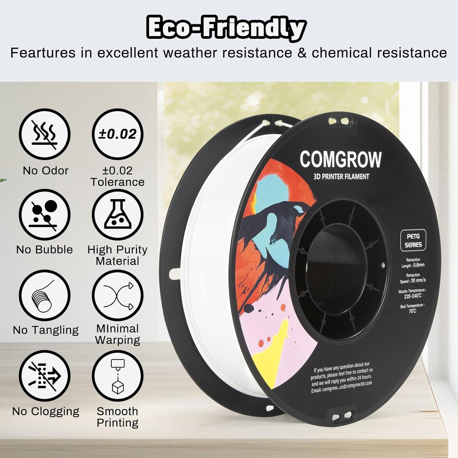 Comgrow PETG 3D Printer Filament 1.75mm - High Precision, Tough & Dimensional Accuracy +/- 0.02mm - 2LBS Spool - Compatible with Most FDM 3D Printers (White) - Perfect for Functional Parts, Prototypes & DIY Projects