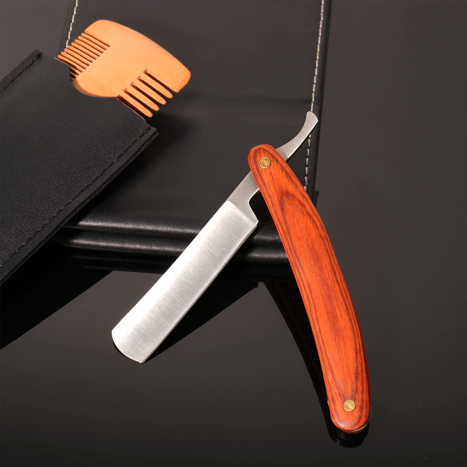 OXYEFEI Straight Edge Razor - Premium Stainless Steel Blade with Retro Wooden Handle - Personalized Men's Shaving Razor - Perfect Gift for Father's Day, Barber Shops & Classic Grooming (Red)