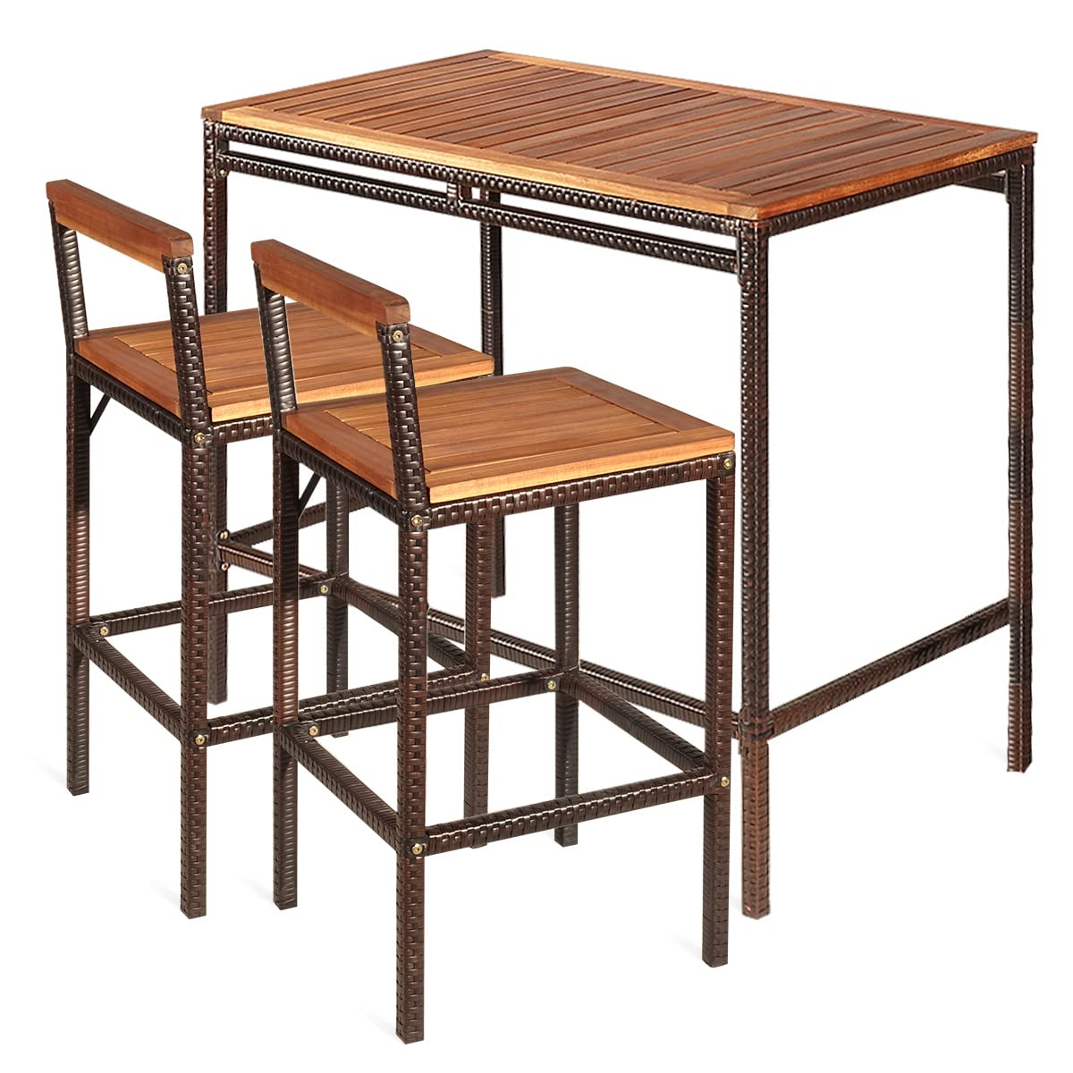 RELAX4LIFE 3-Piece Outdoor Bar Table Set with Acacia Wood Top & 2 Rattan Bar Stools - PE Wicker Patio Dining Set with Backrest & Footrest - Perfect for Backyard, Porch, Poolside & Garden Relaxation