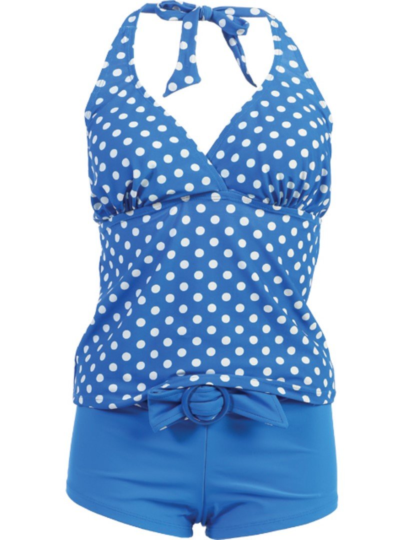 2-Piece Women's Blue & White Polka Dot Tankini Swimwear Set - Perfect for Beach, Pool, and Summer Vacations