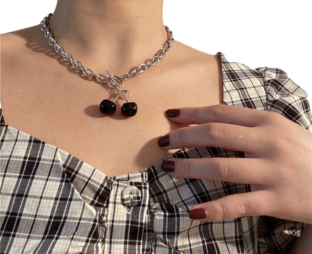 Eyraevor Women's Cherry Charm Choker Necklace - Punk Rock Metal Collar Chain - Gothic Fashion Jewelry for Concerts, Parties & Everyday Wear