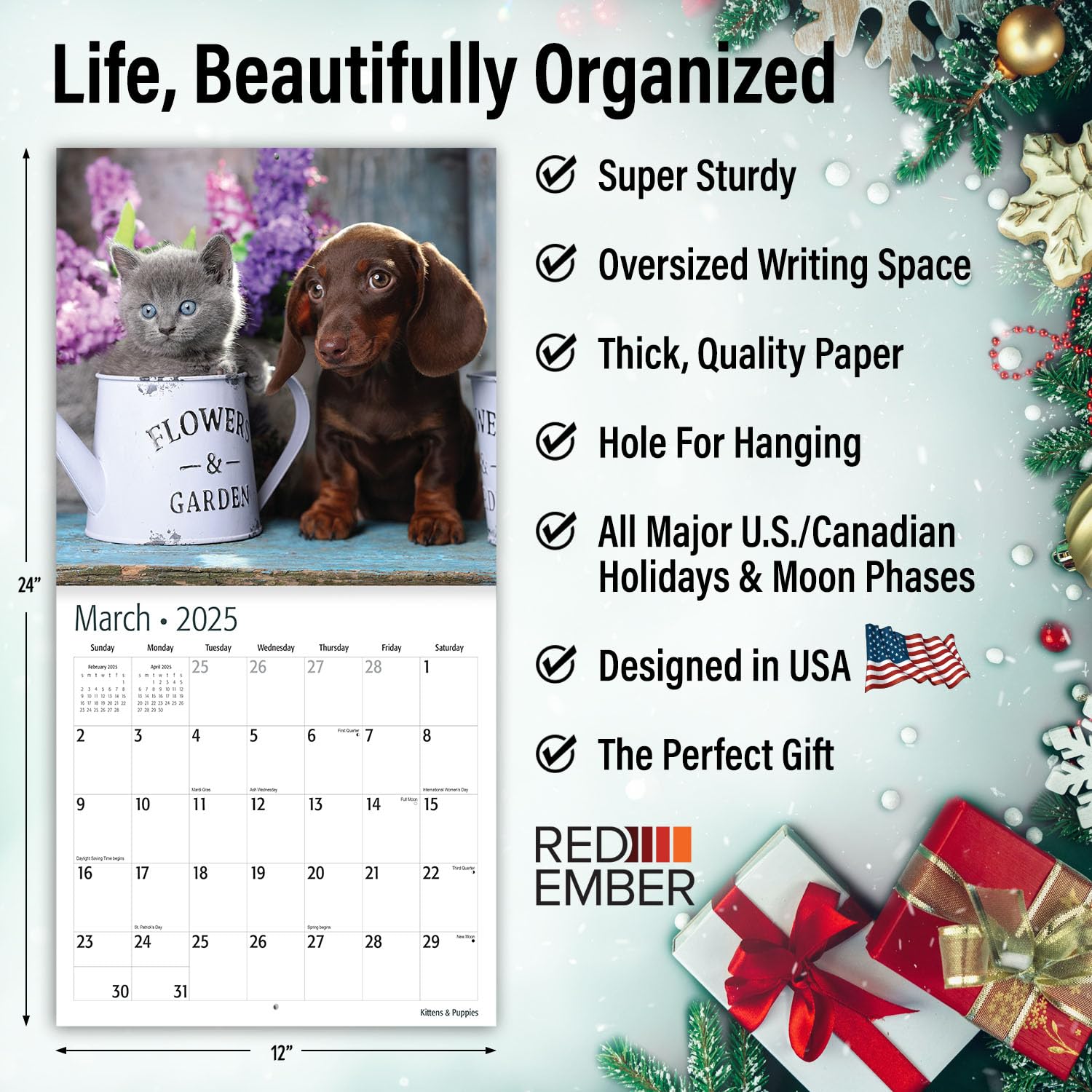 RED EMBER Kittens & Puppies 2025 Wall Calendar - 12 Month Large 12x24 Inch with Thick Sturdy Paper - Perfect Gift for Pet Lovers, Home & Office Decor